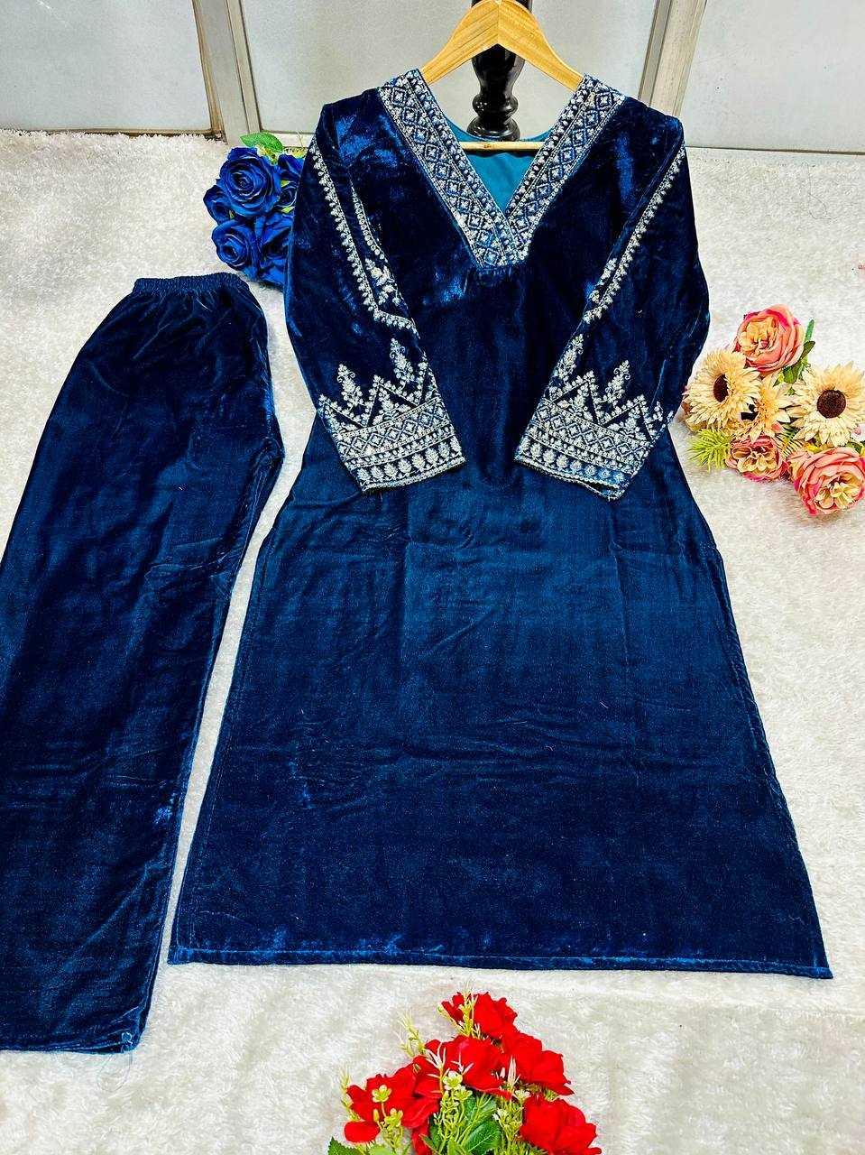 YNF VELVET KESH148 051 KURTIS WHOLESALE PARTY WEAR KURTI WITH BOTTOM EMBROIDERED V NECK KURTIS MANUFACTURER