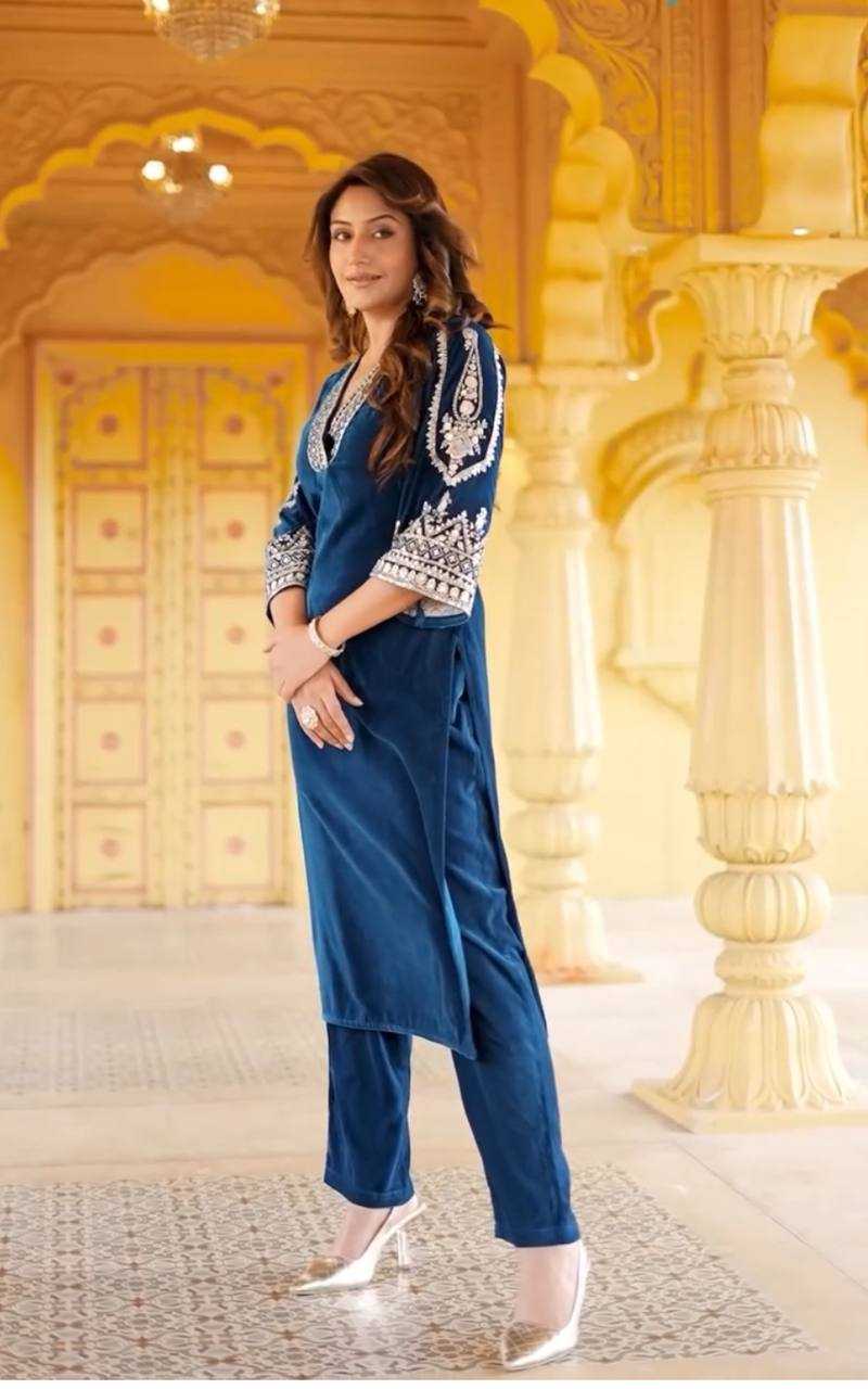 YNF VELVET KESH148 051 KURTIS WHOLESALE PARTY WEAR KURTI WITH BOTTOM EMBROIDERED V NECK KURTIS MANUFACTURER