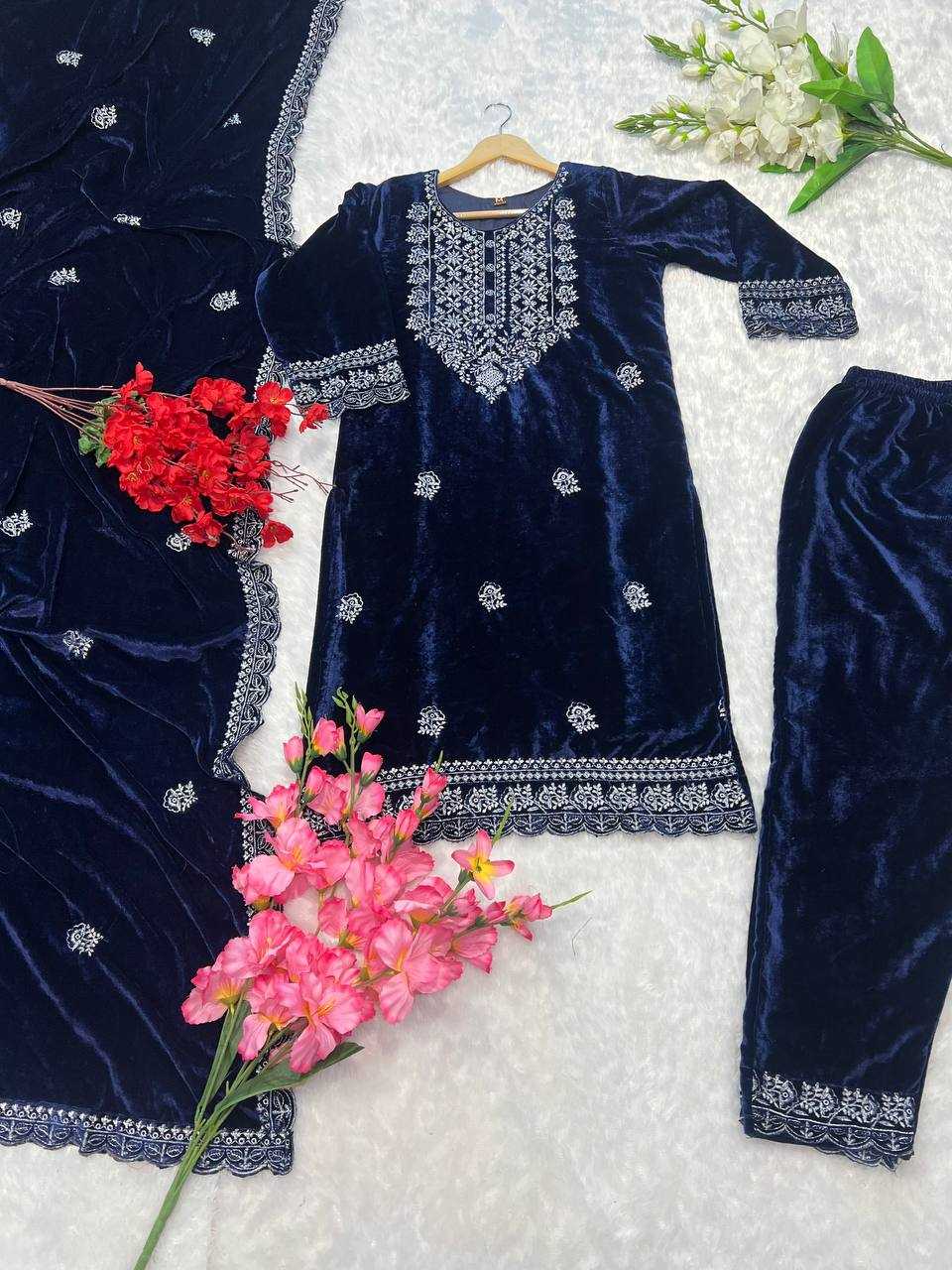 YNF VELVET KESH164 G79 SUITS & DRESSES WHOLESALE EMBROPIDERY VELVET WEDDING BLUE SUITS MANUFACTURE