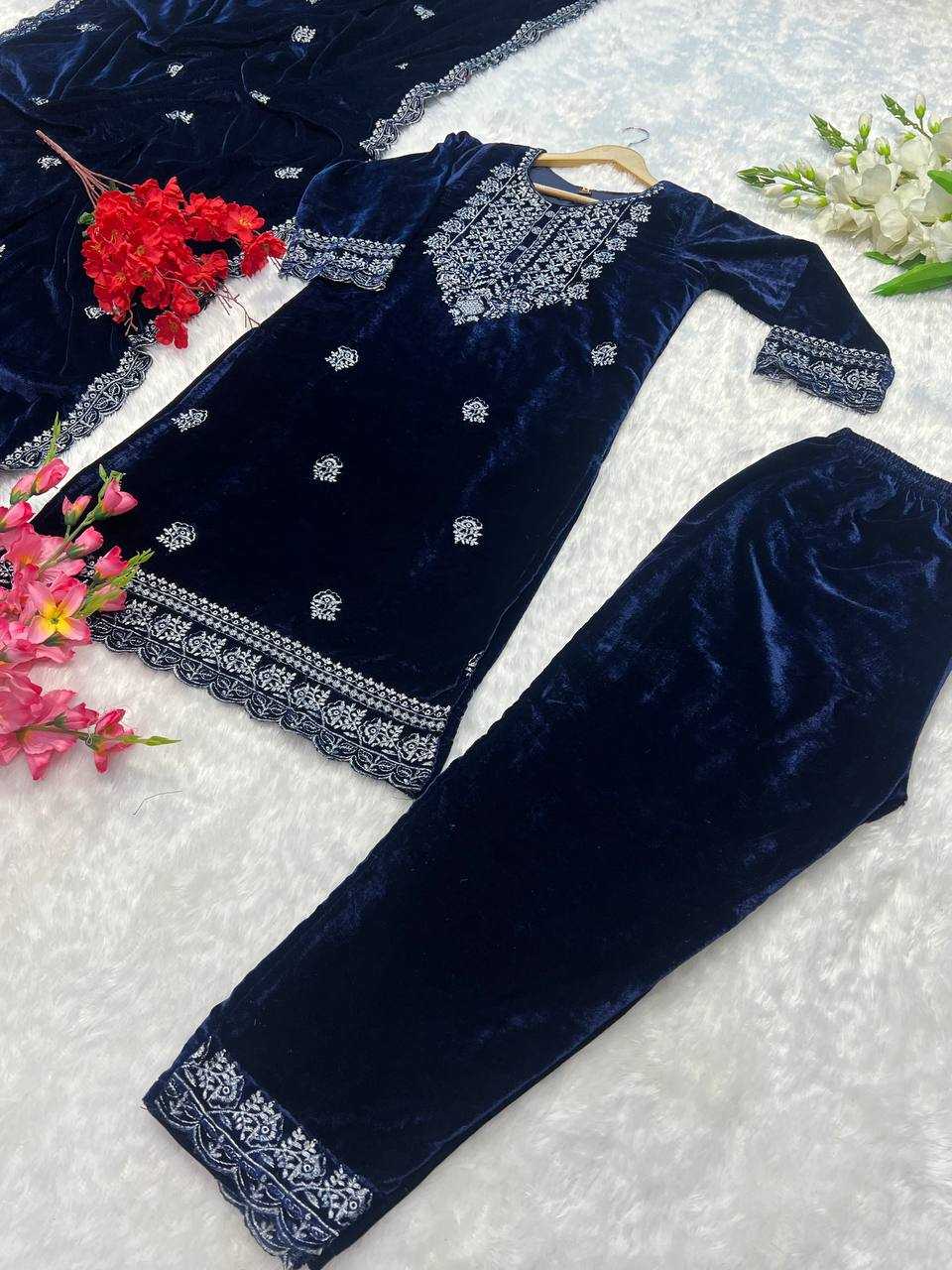 YNF VELVET KESH164 G79 SUITS & DRESSES WHOLESALE EMBROPIDERY VELVET WEDDING BLUE SUITS MANUFACTURE