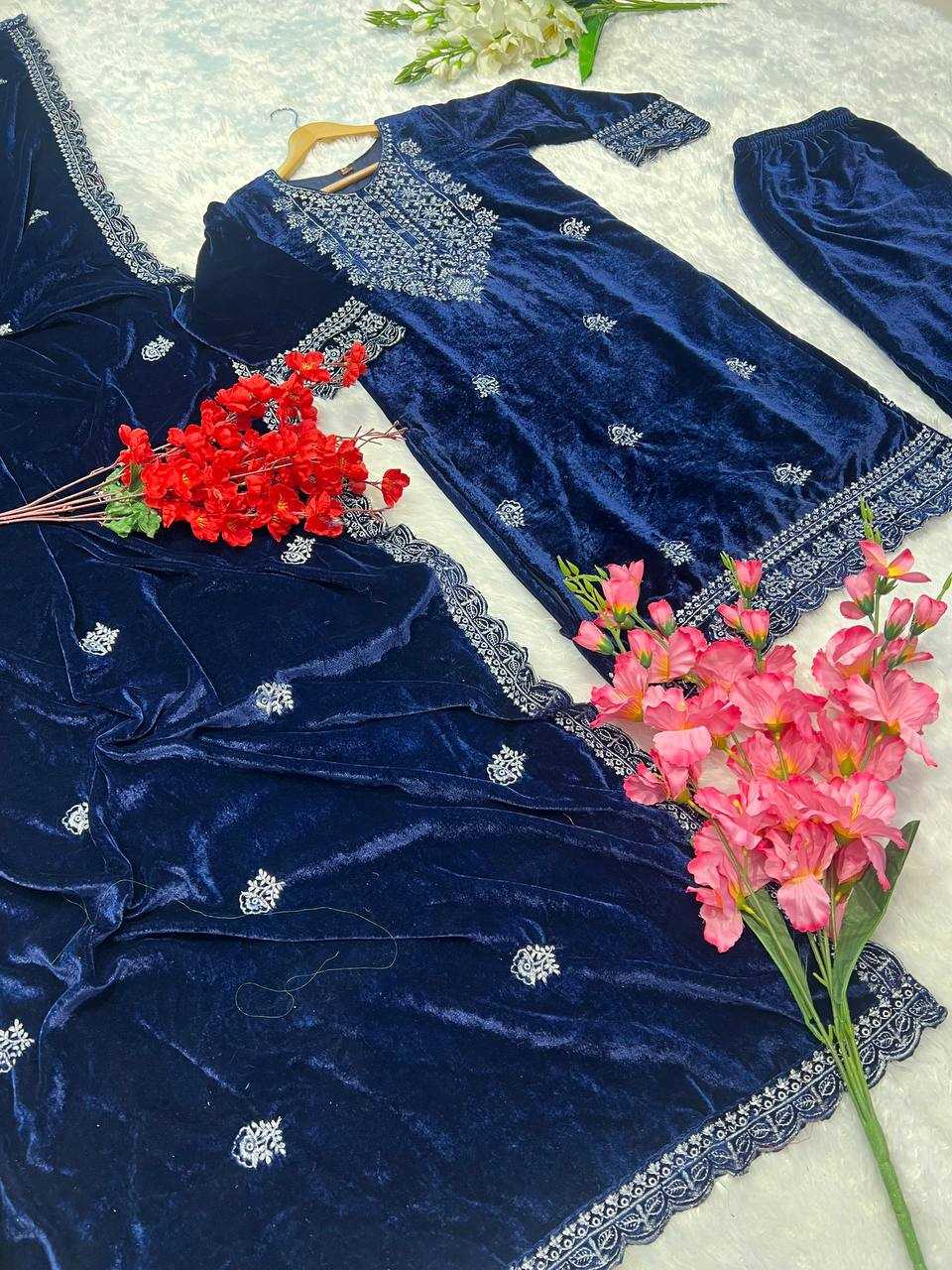 YNF VELVET KESH164 G79 SUITS & DRESSES WHOLESALE EMBROPIDERY VELVET WEDDING BLUE SUITS MANUFACTURE