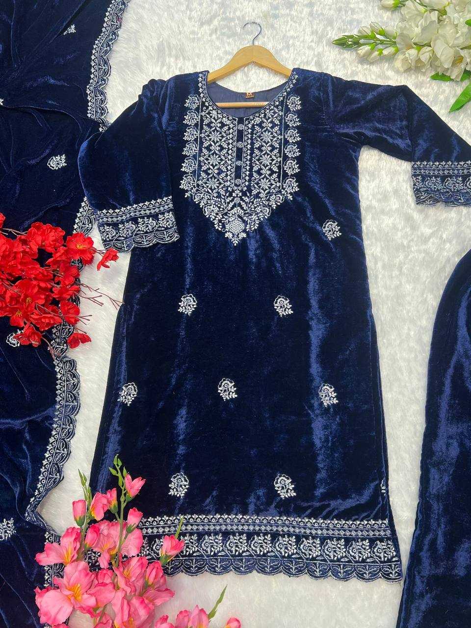 YNF VELVET KESH164 G79 SUITS & DRESSES WHOLESALE EMBROPIDERY VELVET WEDDING BLUE SUITS MANUFACTURE