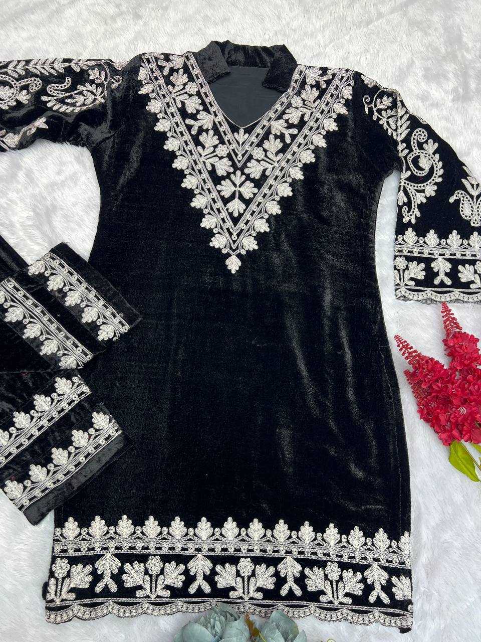 YNF VELVET KESH227 1023 KURTIS WHOLESALE PARTY WEAR KURTI WITH BOTTOM EMBROIDERED V NECK KURTIS MANUFACTURER