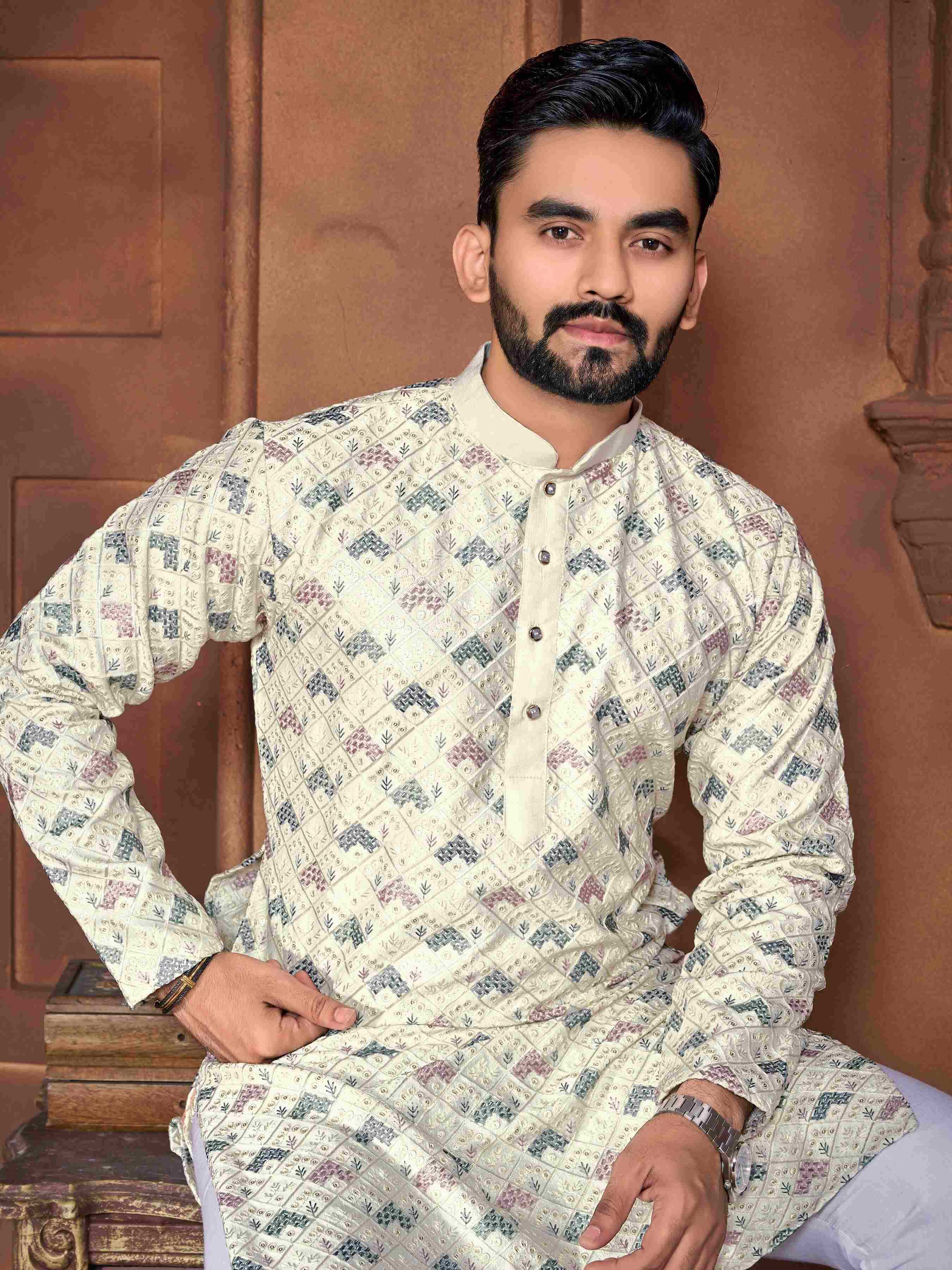 YNF ITALIAN SILK RIN111 MAHARAJA MENS WEAR WHOLESALE EMBROIDERED KURTA PYAJAMA SILK MENS WEAR MANUFACTURER