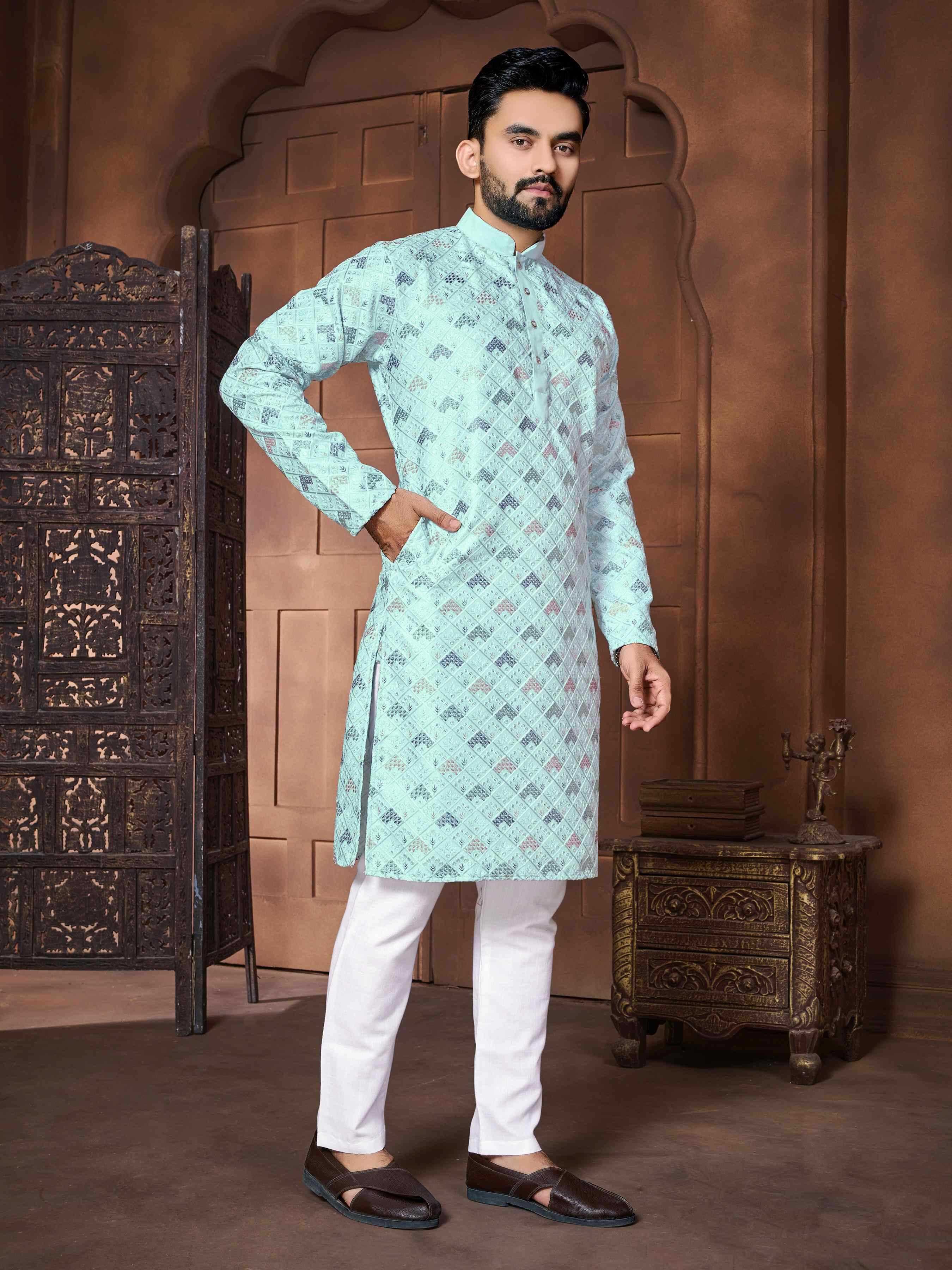 YNF ITALIAN SILK RIN111 MAHARAJA MENS WEAR WHOLESALE EMBROIDERED KURTA PYAJAMA SILK MENS WEAR MANUFACTURER