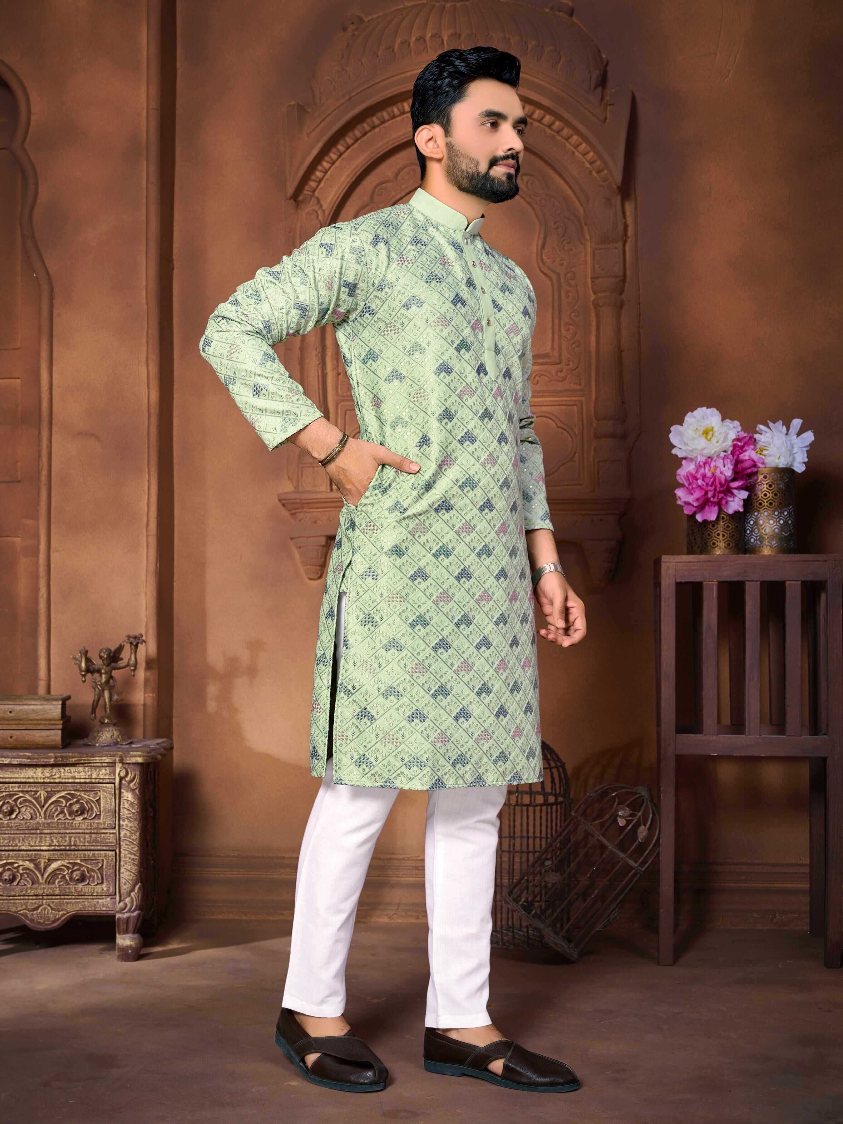 YNF ITALIAN SILK RIN111 MAHARAJA MENS WEAR WHOLESALE EMBROIDERED KURTA PYAJAMA SILK MENS WEAR MANUFACTURER