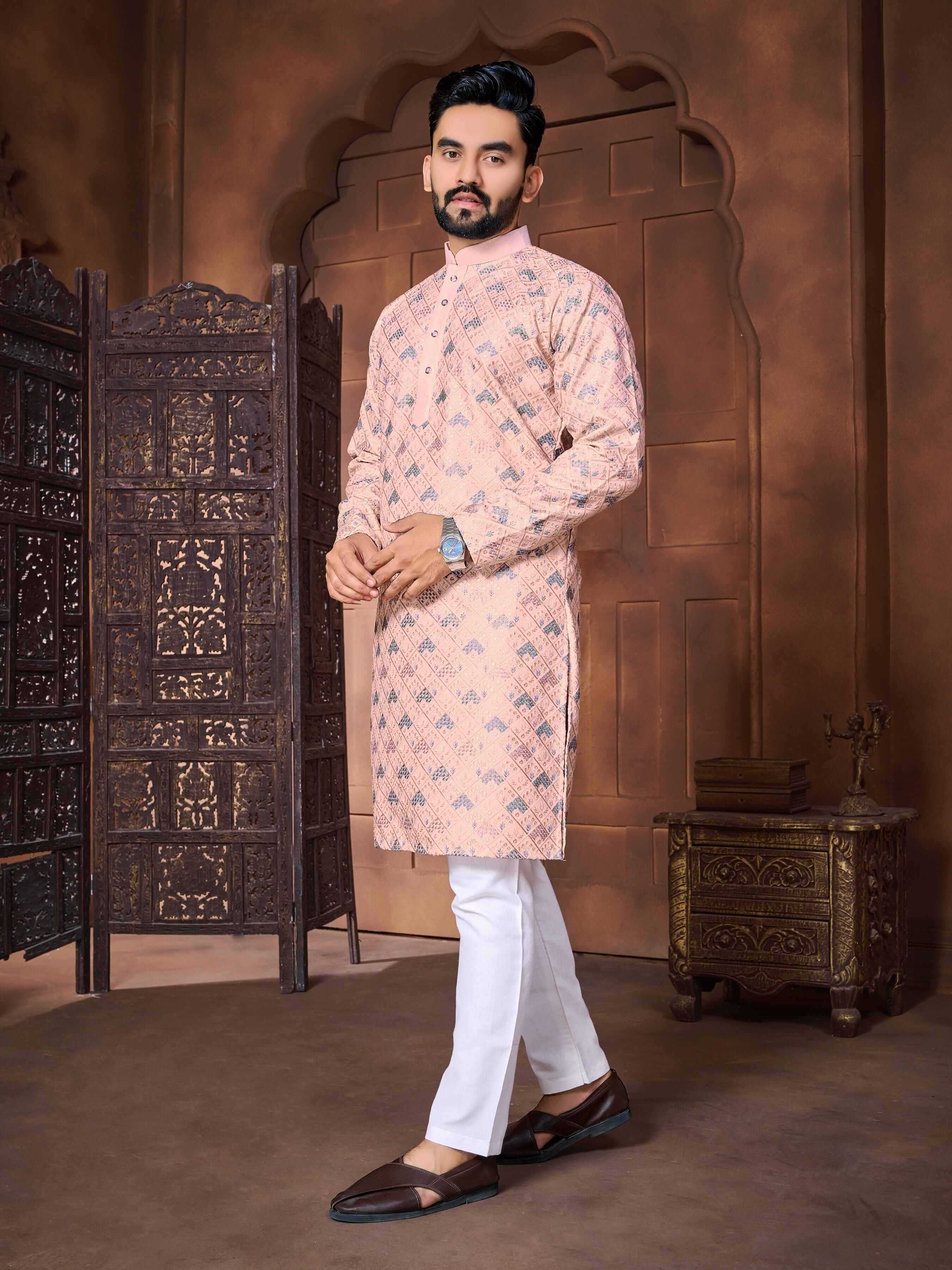 YNF ITALIAN SILK RIN111 MAHARAJA MENS WEAR WHOLESALE EMBROIDERED KURTA PYAJAMA SILK MENS WEAR MANUFACTURER