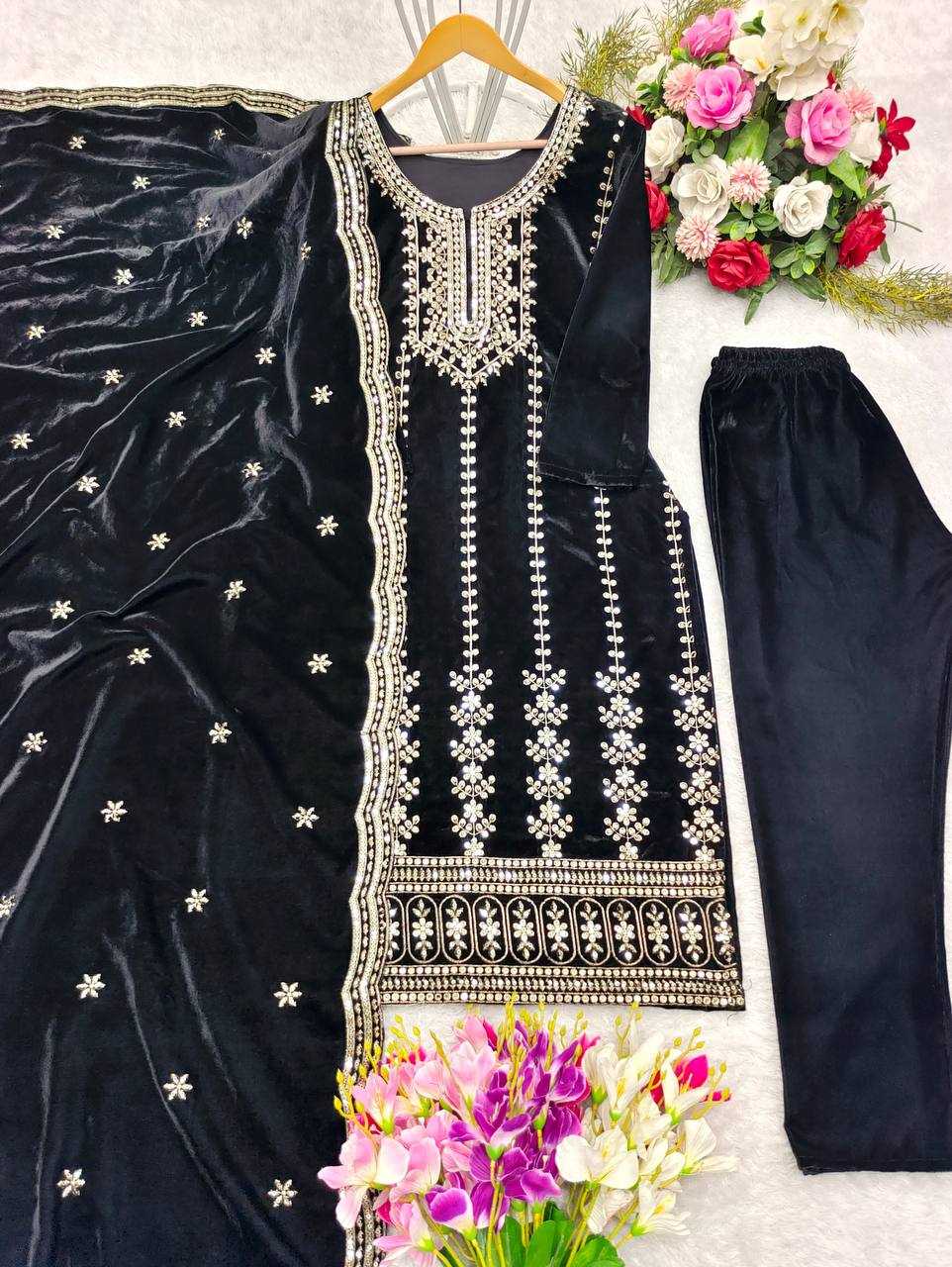 YNF VELVET KESH156 1135 SUITS & DRESSES WHOLESALE LADIES VELVET EMBROIDERY SUITS MANUFACTURER