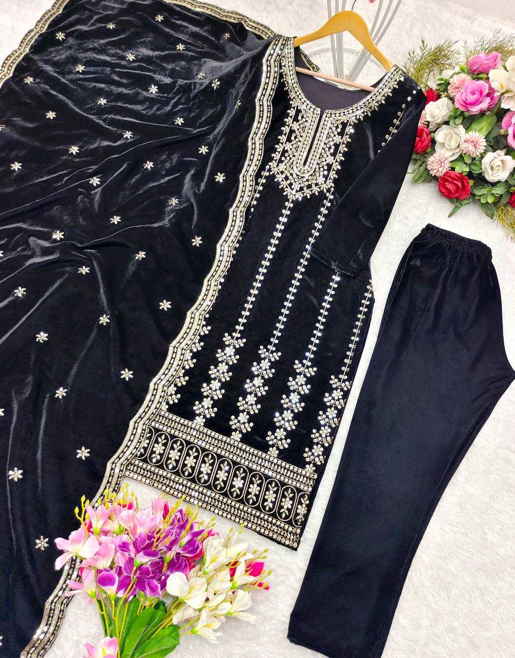 YNF VELVET KESH156 1135 SUITS & DRESSES WHOLESALE LADIES VELVET EMBROIDERY SUITS MANUFACTURER