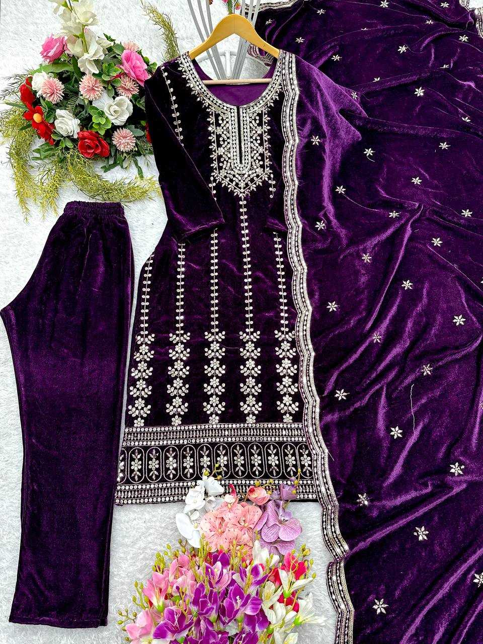 YNF VELVET KESH156 1135 SUITS & DRESSES WHOLESALE LADIES VELVET EMBROIDERY SUITS MANUFACTURER