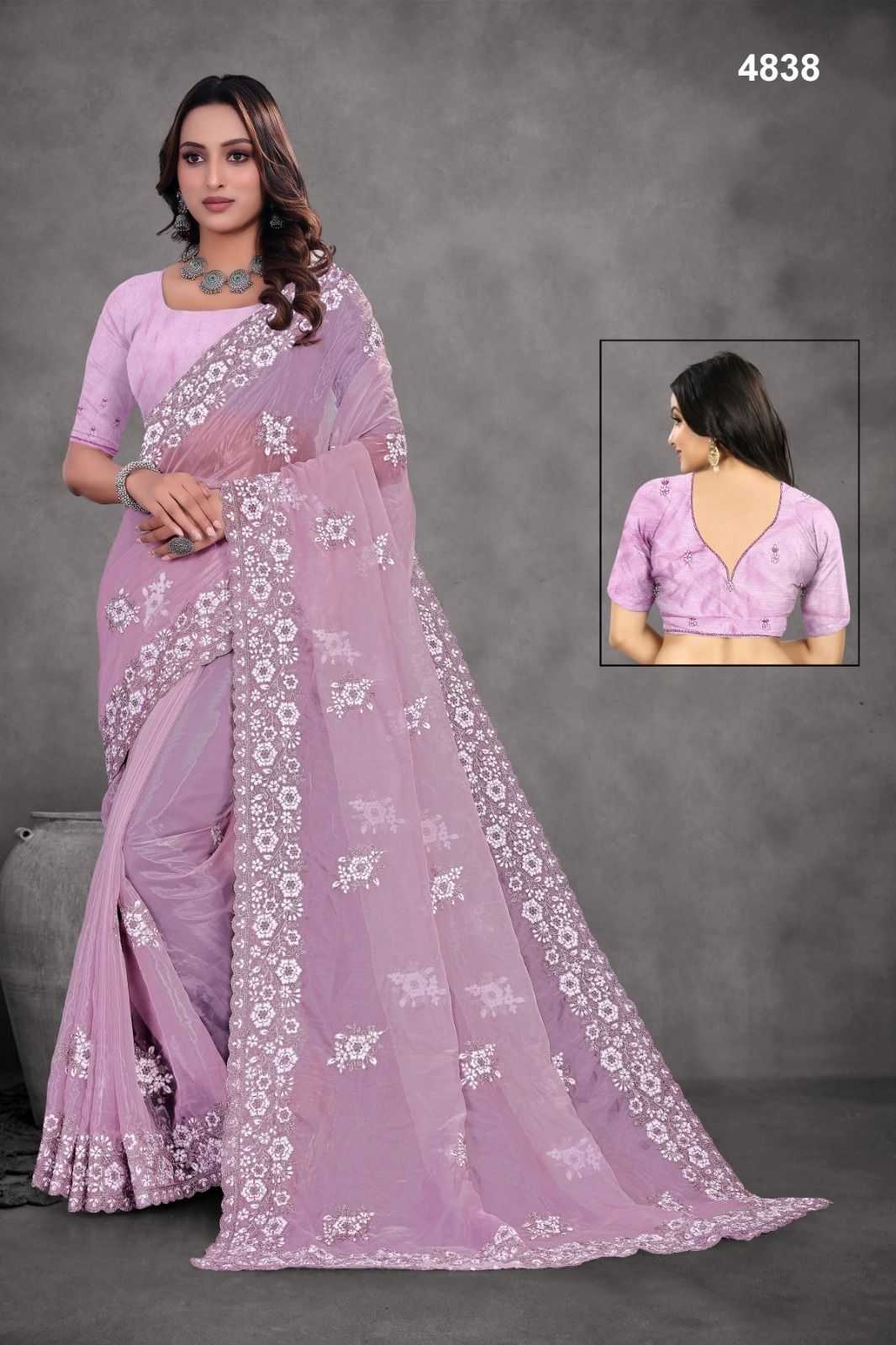Ynf Tissue KESH114 4838 Sarees Wholesale Embroidered Sarees Cutwork Saree Zari Border Sarees Manufacturer