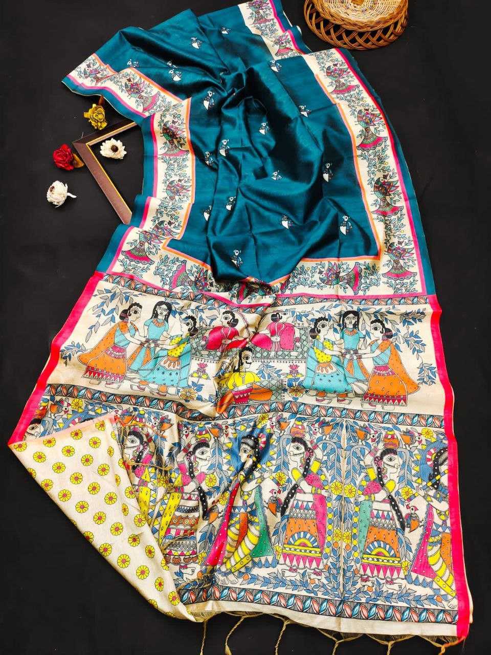 Ynf Tussar Silk KESH532 YOGITA MADHUBANI Sarees Wholesale Designer Sarees Madhubani Sarees Tussar Sarees Manufacturer