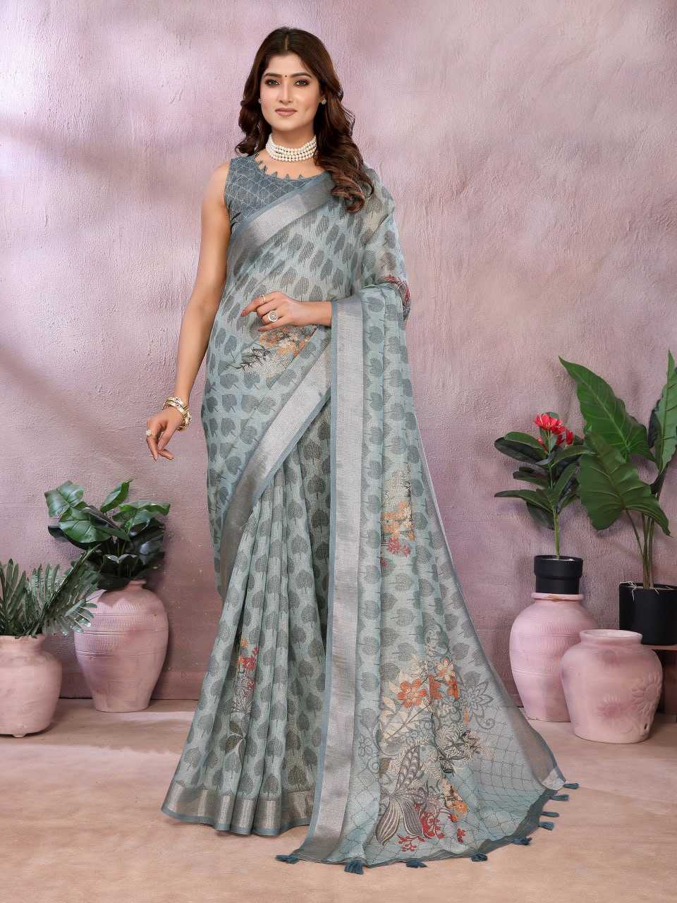 Ynf Linen KESH553 421 Sarees Wholesale Work Sarees Plain Sarees Floral Sarees Manufacturer