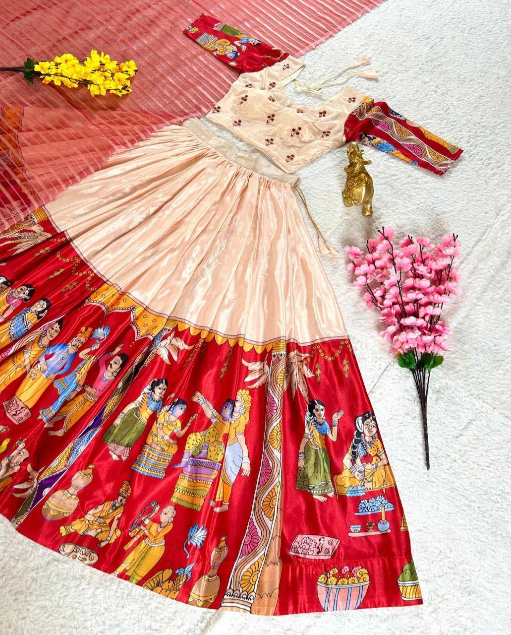 YNF CHINON SILK KESH108 5602 LEHENGAS WHOLESALE KALAMKARI TRADITIONAL PRINTED LEHENGAS MANUFACTURER