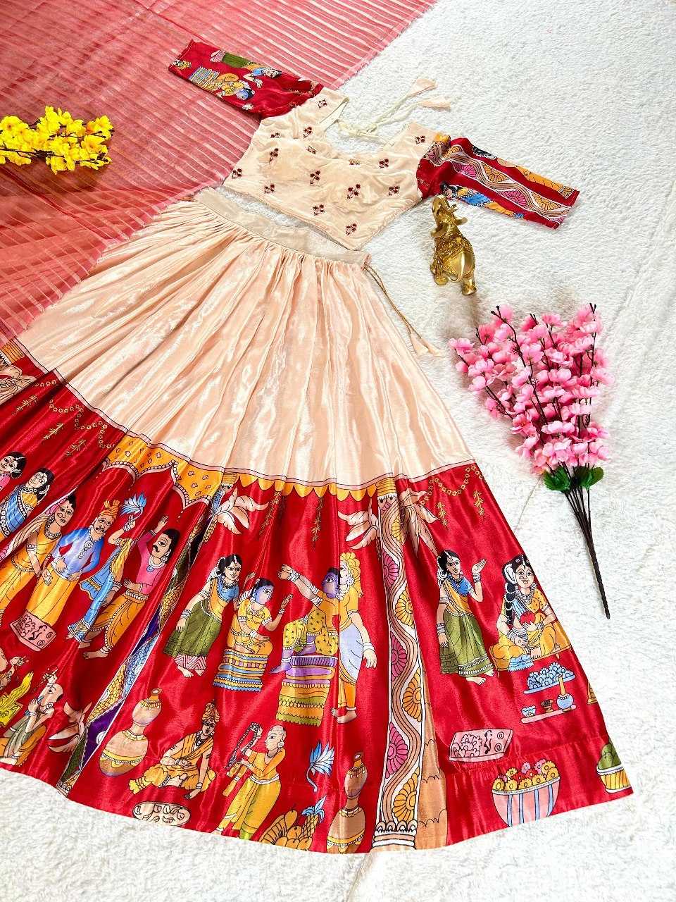 YNF CHINON SILK KESH108 5602 LEHENGAS WHOLESALE KALAMKARI TRADITIONAL PRINTED LEHENGAS MANUFACTURER