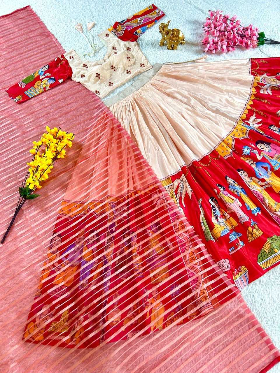 YNF CHINON SILK KESH108 5602 LEHENGAS WHOLESALE KALAMKARI TRADITIONAL PRINTED LEHENGAS MANUFACTURER