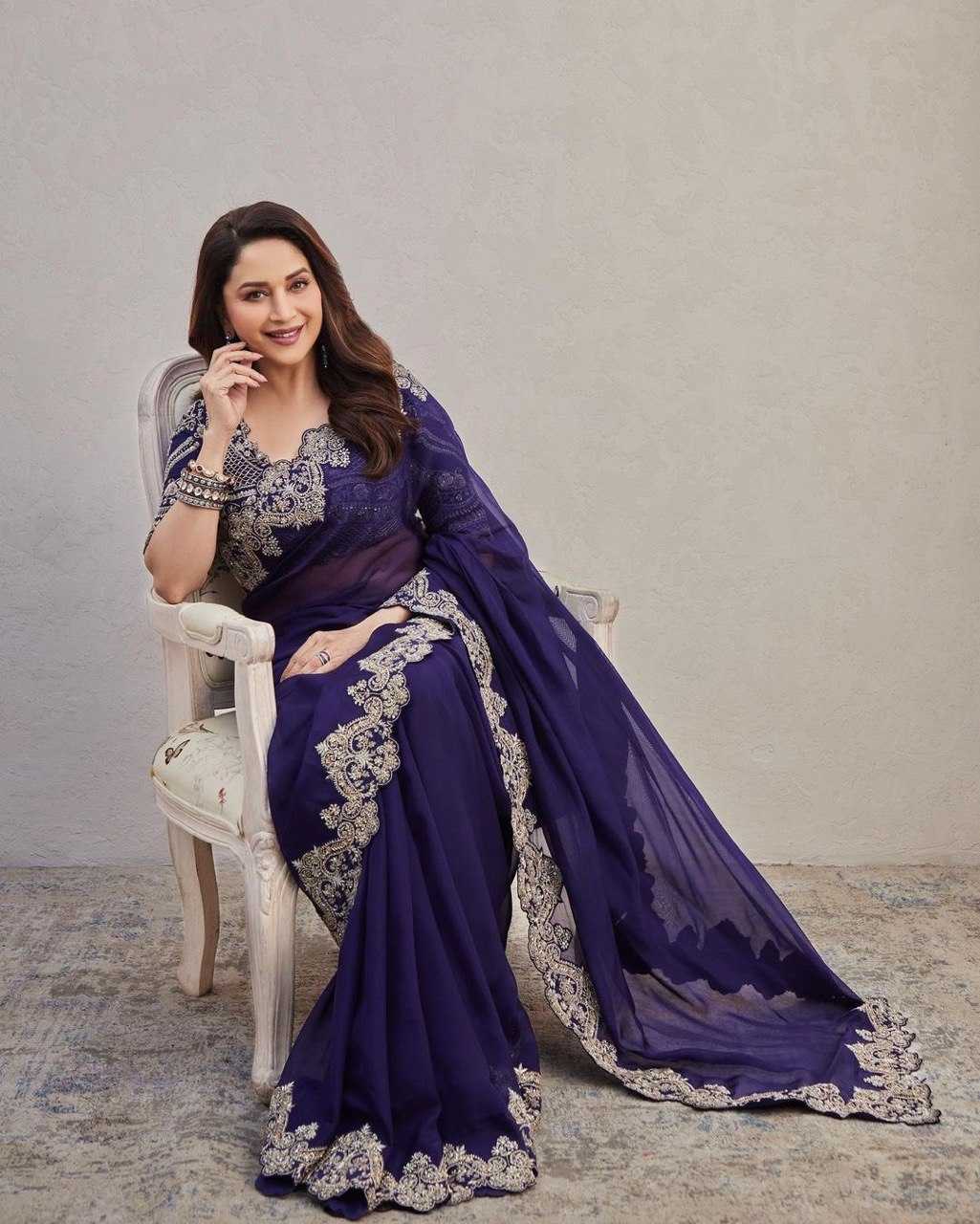 YNF GEORGETTE RIN141 1598 SAREES WHOLESALE GEORGETTE SEQUENCE EMBROIDERED LACE BORDER MADHURI DIXIT CUTWORK SAREES MANUFACTURER