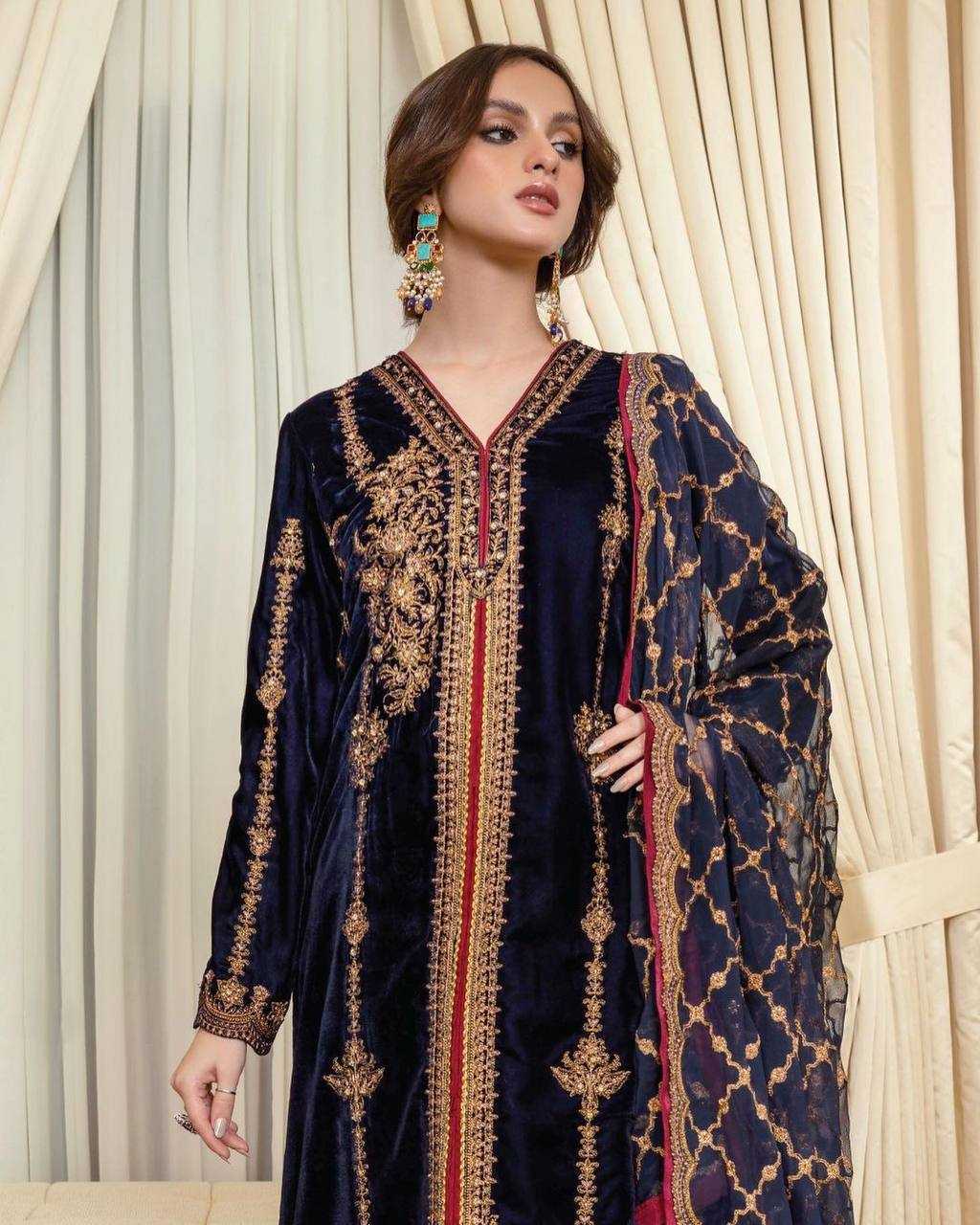 YNF VELVET KESH150 1166 SUITS & DRESSES WHOLESALE VELVET EMBROIDERY PALAZZO LADIES SILK ZARI WORK SUITS MANUFACTURER