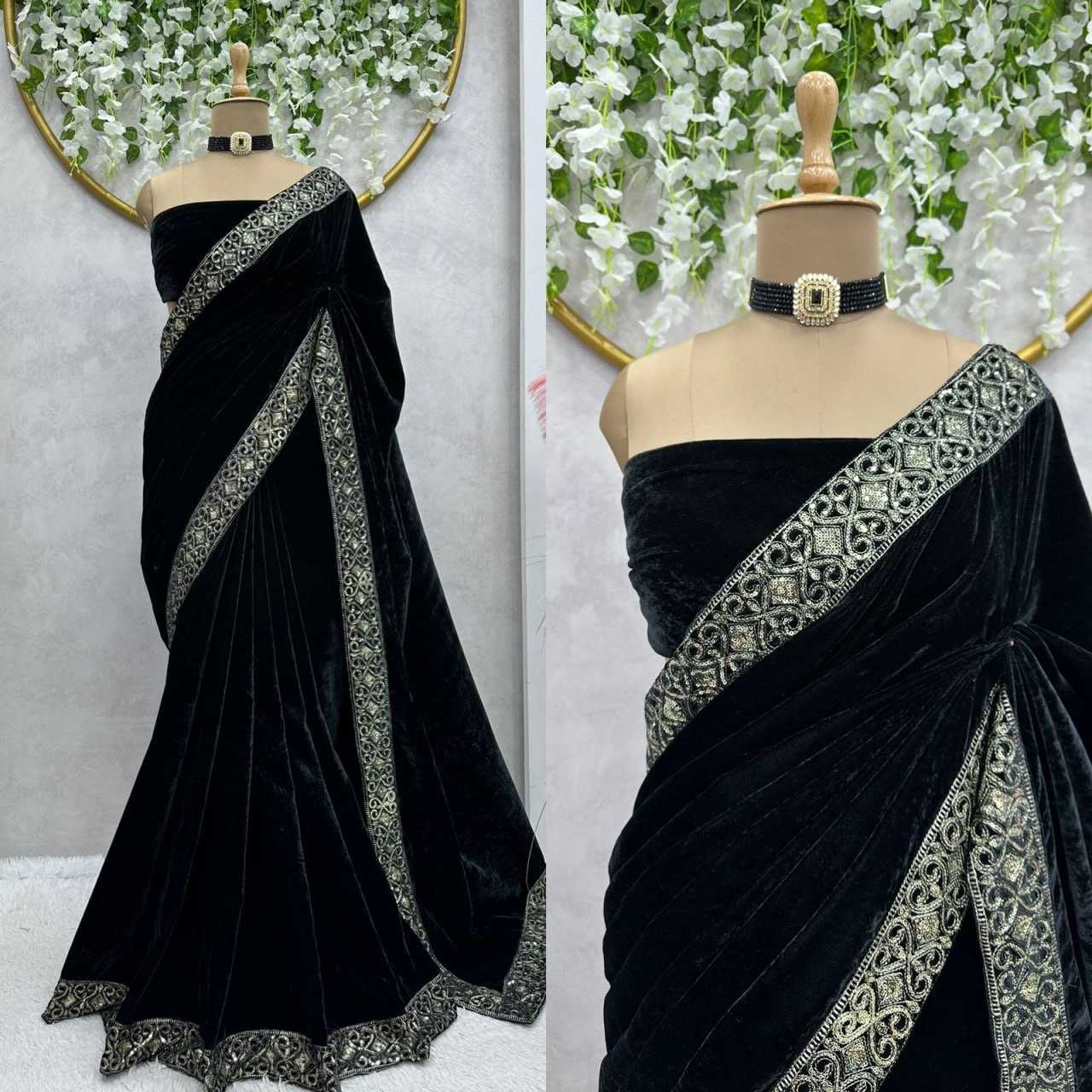 YNF VELVET RIN133 440 SAREES WHOLESALE READY TO WEAR SEQUENCE VELVET PRE DRAPED LACE BORDER SAREES MANUFACTURER