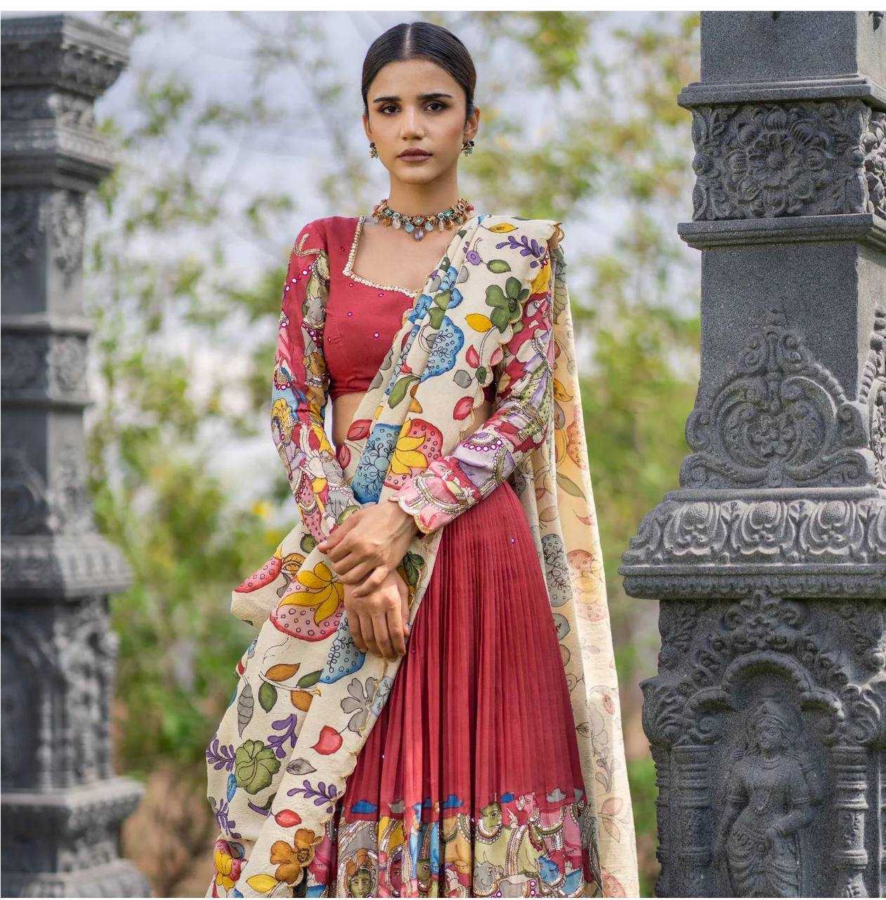 YNF CHENT CREP KESH119 449 LEHENGAS WHOLESALE KALAMKARI TRADITIONAL PRINTED LEHENGAS MANUFACTURER