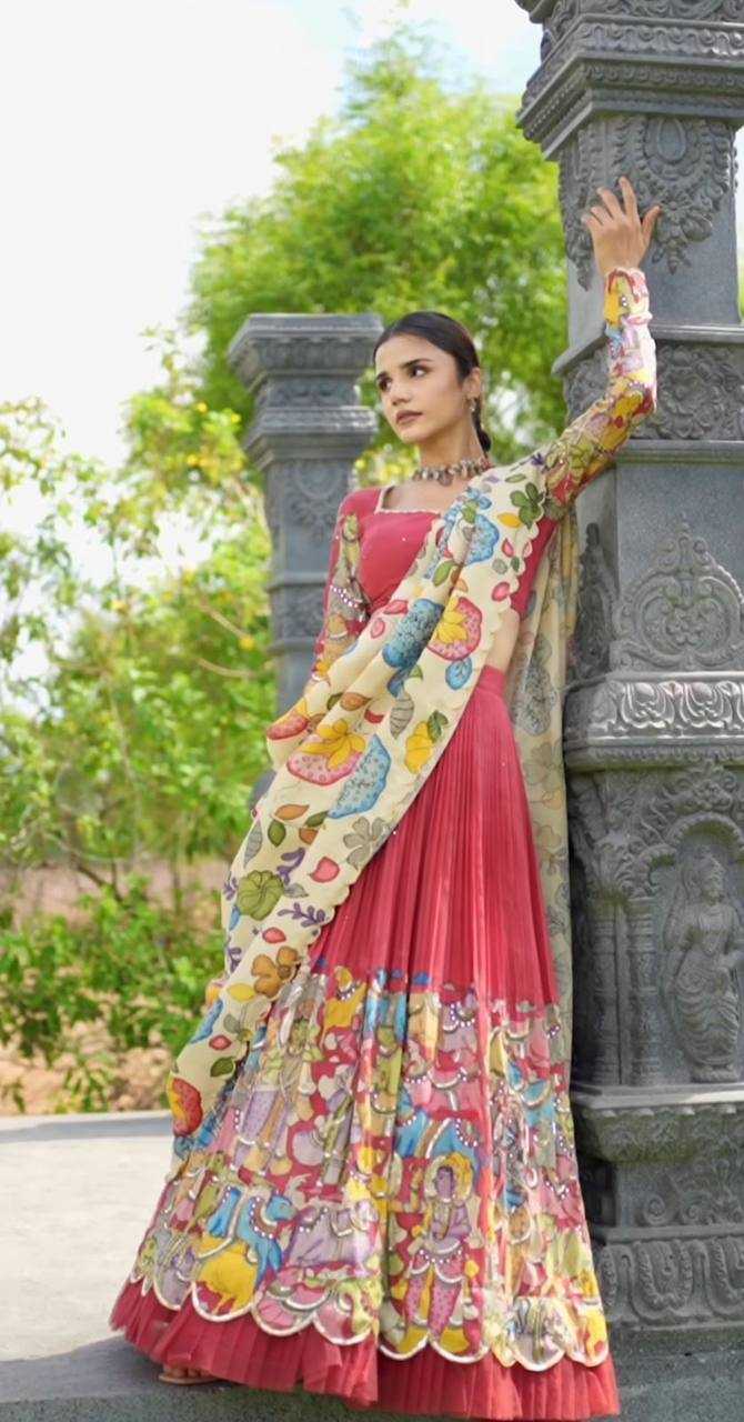 YNF CHENT CREP KESH119 449 LEHENGAS WHOLESALE KALAMKARI TRADITIONAL PRINTED LEHENGAS MANUFACTURER