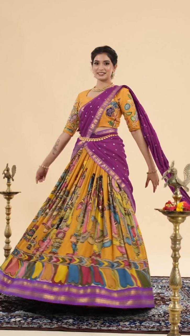 YNF CHENT CREP KESH119 450 LEHENGAS WHOLESALE KALAMKARI TRADITIONAL PRINTED LEHENGAS MANUFACTURER