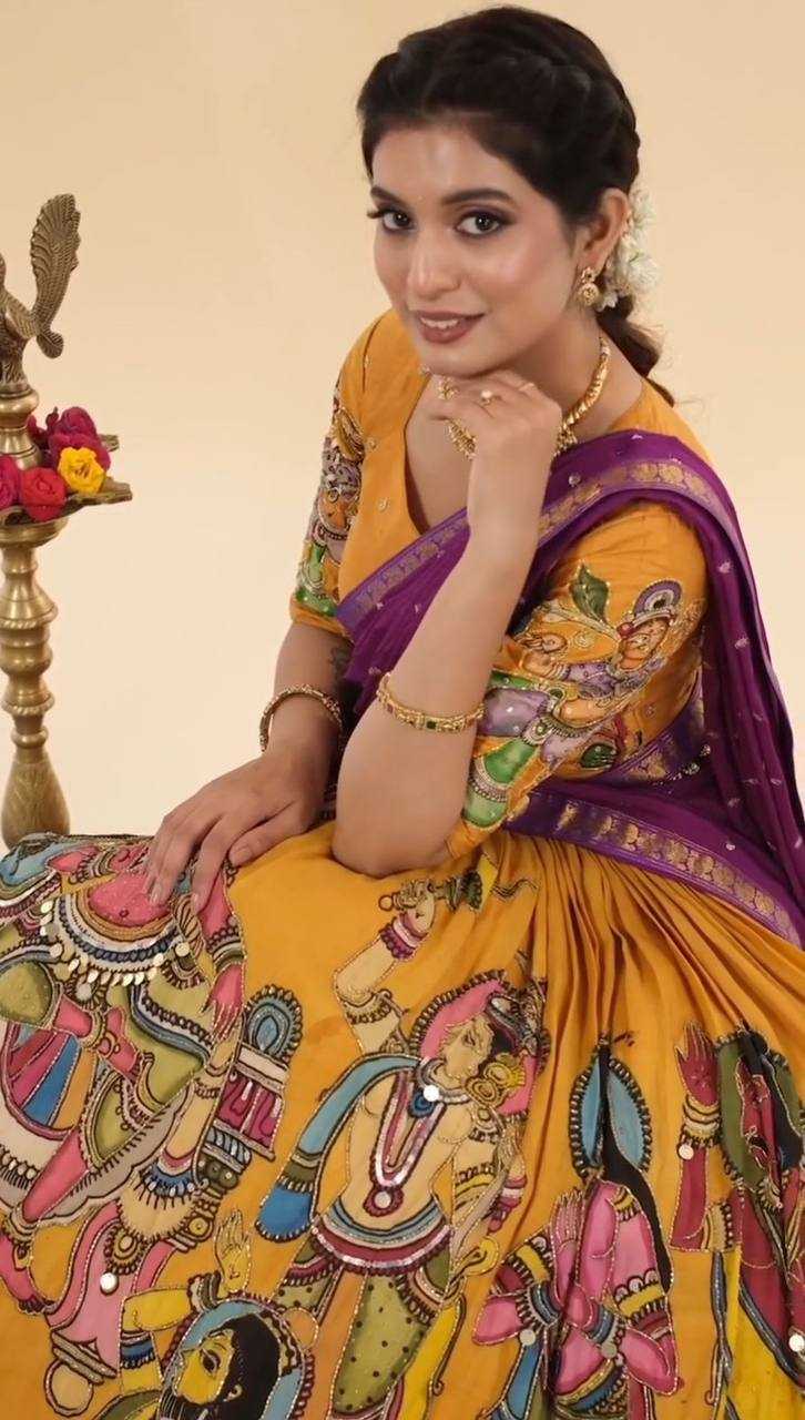 YNF CHENT CREP KESH119 450 LEHENGAS WHOLESALE KALAMKARI TRADITIONAL PRINTED LEHENGAS MANUFACTURER