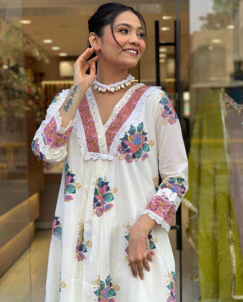 YNF COTTON KESH211 LDY74 SUITS & DRESSES WHOLESALE PRINTED EMBROIDERY COTTON ANARKALI LONG KURTIS WHITE SALWAR SUITS MANUFACTURER