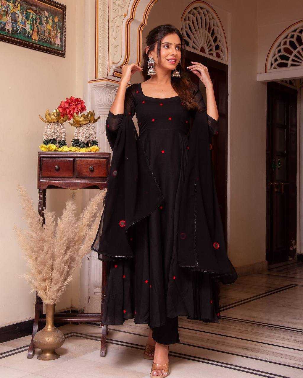 YNF FAUX GEORGETTE KESH211 LDY76 GOWNS WHOLESALE EMBROIDERY ANARKALI LONG GEORGETTE GOWNS WITH DUPATTA BLACK GOWNS MANUFACTURER