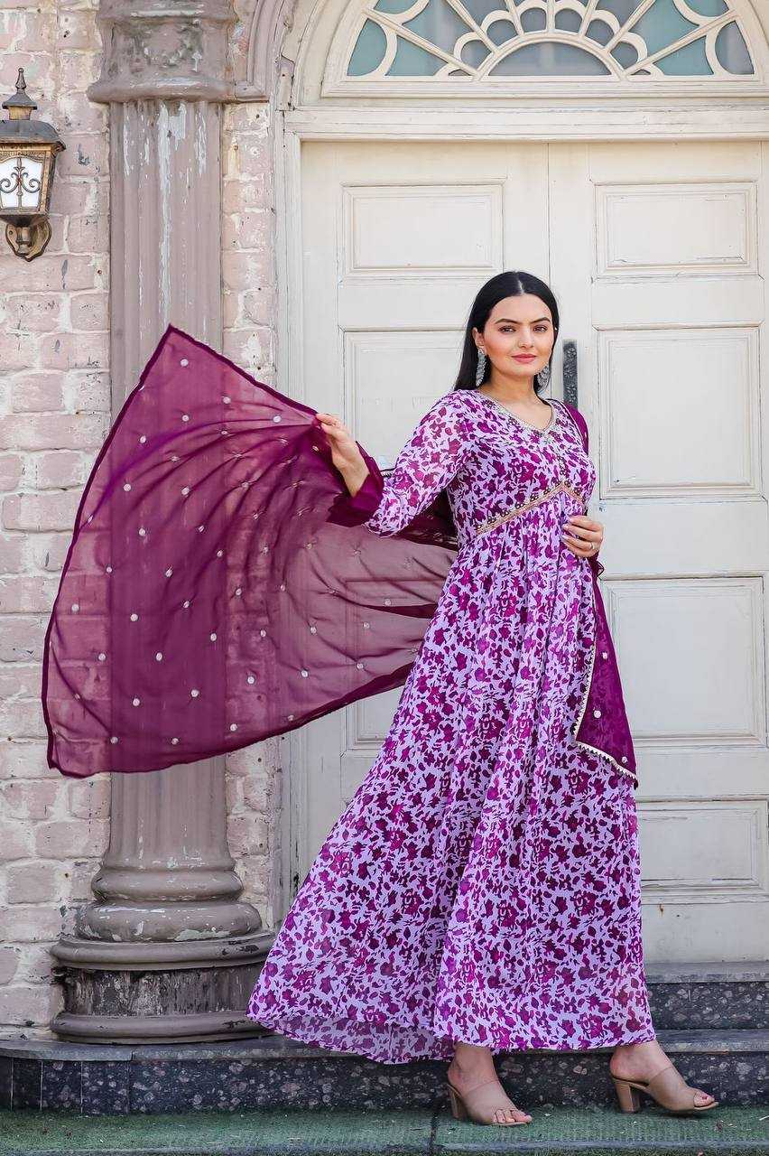 YNF GEORGETTE KESH211 LDY28 GOWNS WHOLESALE PRINTED EMBROIDERY ANARKALI LONG PURPLE GOWNS MANUFACTURER