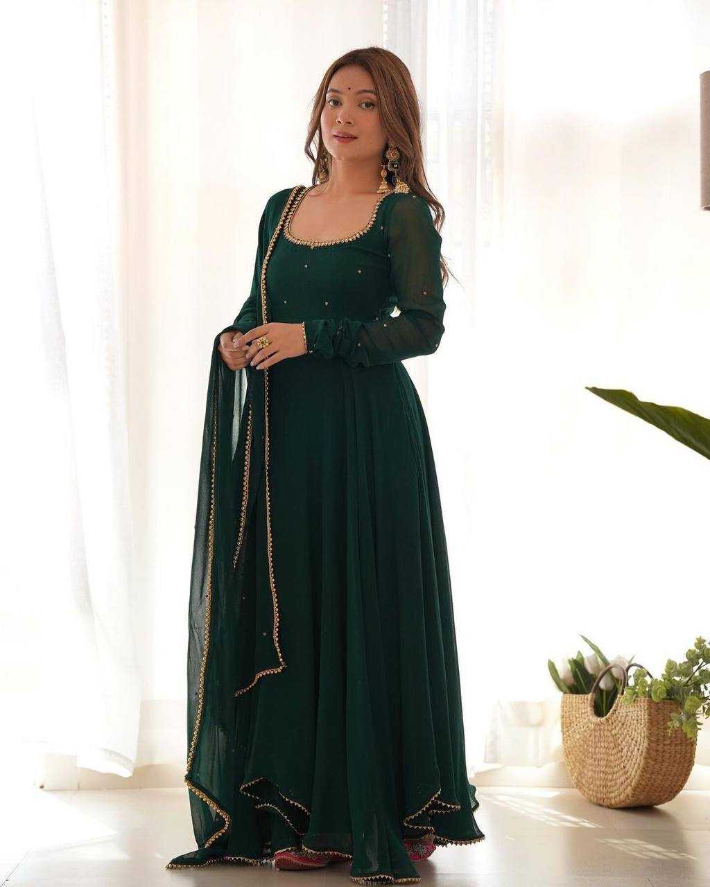 YNF GEORGETTE KESH211 LDY61 GOWNS WHOLESALE ANARKALI LONG GEORGETTE GOWN WITH DUPATTA FULL SLEEVE GREEN GOWNS MANUFACTURER