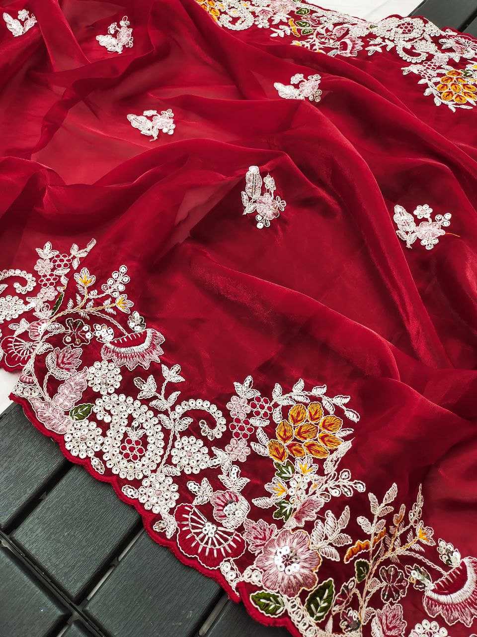 YNF JIMMY CHOO KESH188 9164 SAREES WHOLESALE  JIMMY CHOO PARTY WEAR FANCY SEQUENCE EMBROIDERED CUTWORK RED SILK SAREES MANUFACTURER