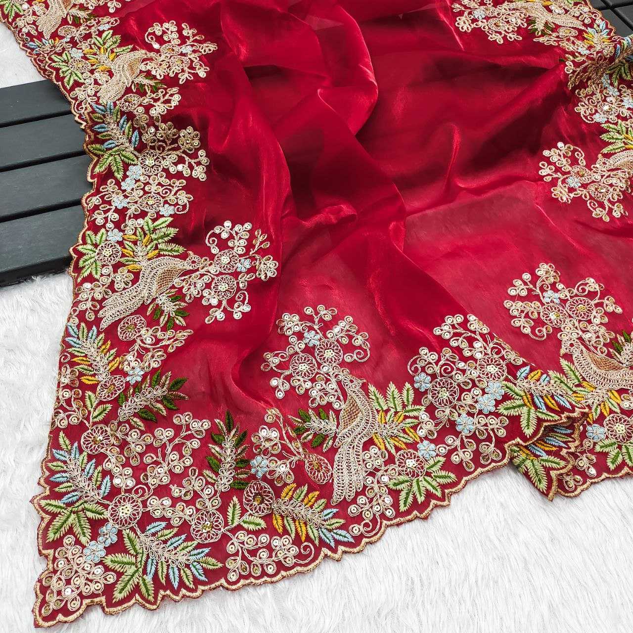 YNF JIMMY CHOO KESH188 9171 SAREES WHOLESALE JIMMY CHOO EMBROIDERED LACE BORDER CUTWORK RED SILK DIWALI COLLECTIONS WEDDING SAREES MANUFACTURER