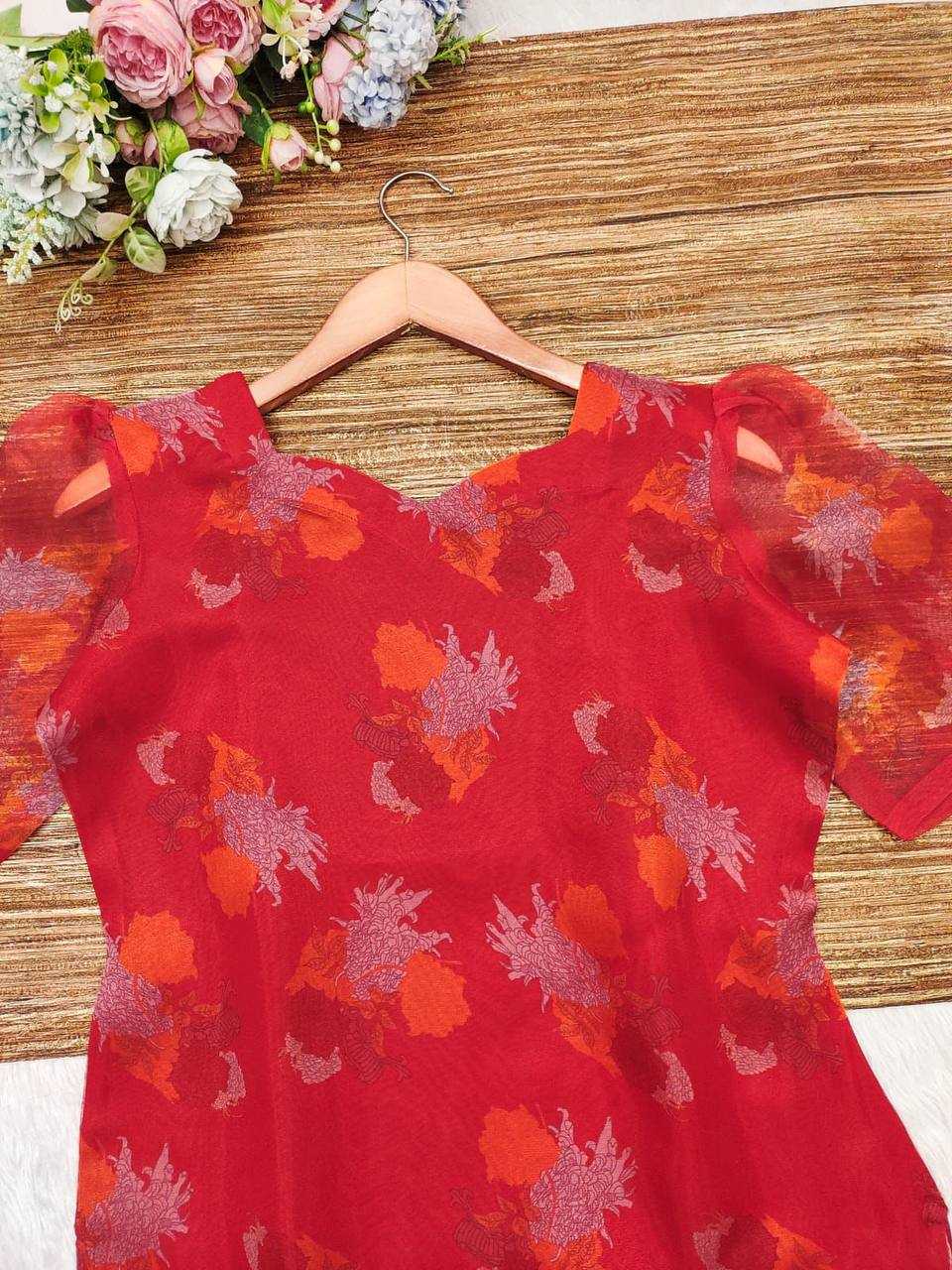 YNF ORGANZA KESH211 LDY79 KURTIS WHOLESALE CAUSAL PRINTED HALF SLEEVE V-NECK RED KURTIS MANUFACTURER