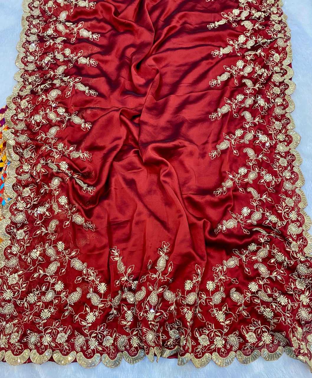 YNF SILK RIN164  RRS69 SAREES WHOLESALE SEQUENCE EMBROIDERED CUTWORK ZARI BORDER RED WEDDING TEEJ KARWA CHAUTH SAREES MANUFACTURER