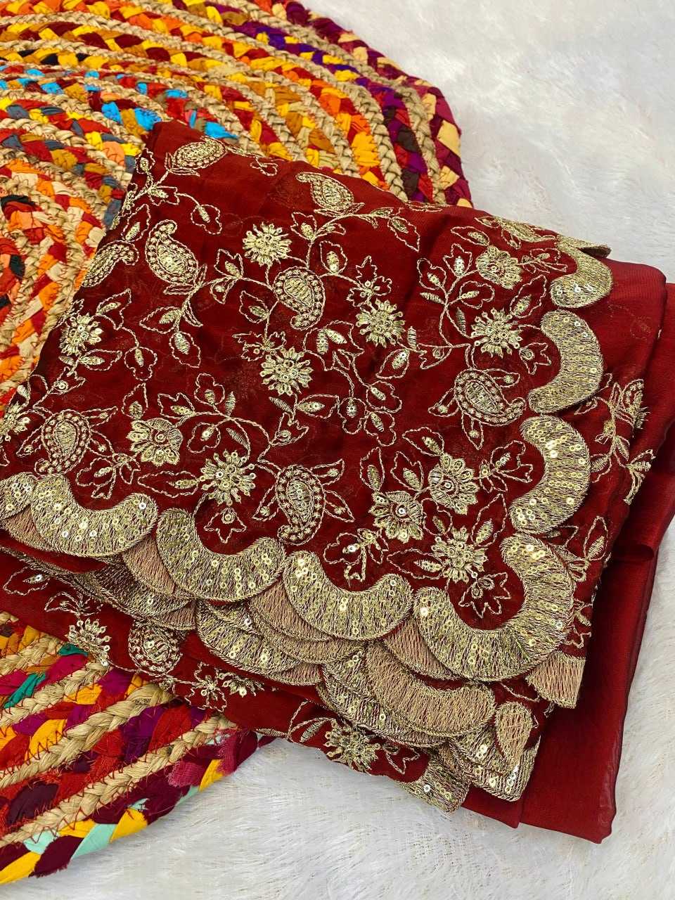 YNF SILK RIN164  RRS69 SAREES WHOLESALE SEQUENCE EMBROIDERED CUTWORK ZARI BORDER RED WEDDING TEEJ KARWA CHAUTH SAREES MANUFACTURER