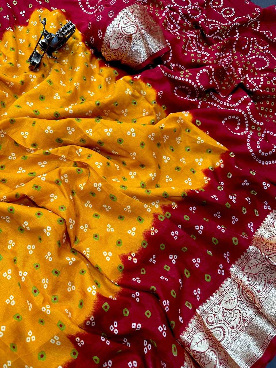 YNF SOFT DOLA KESH110 RADHA22 SAREES WHOLESALE PRINTED BANDHANI BANDHEJ ZARI BORDER SAREES MANUFACTURER