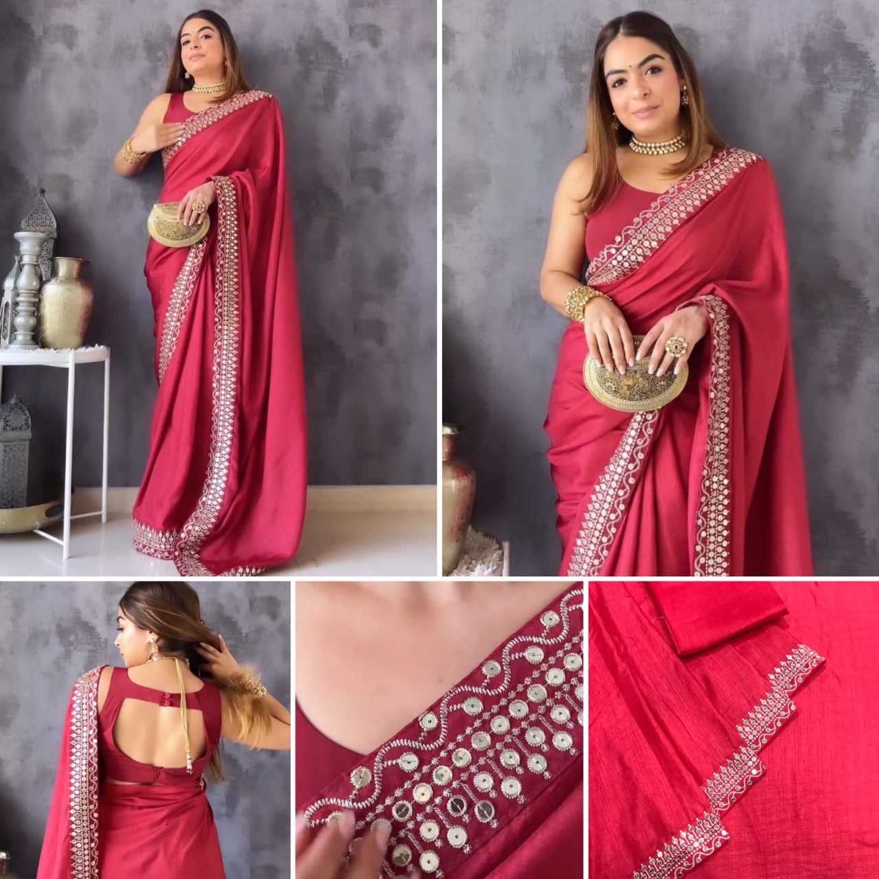 YNF SOFT VICHITRA RIN134 0175 SAREES WHOLESALE EMBROIDERED PLAIN LACE BORDER RED SAREES MANUFACTURER