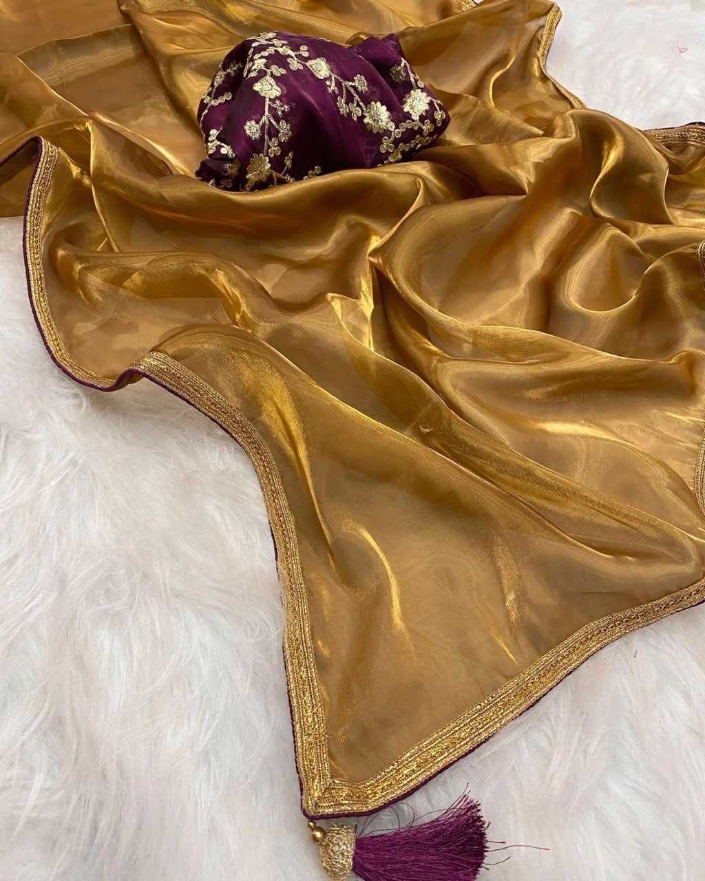 YNF TISSUE SILK KESH162 VRT01 SAREES WHOLESALE TISSUE SILK PLAIN SOLID LACE BORDER SILK SATIN GOLDEN SAREES MANUFACTURER