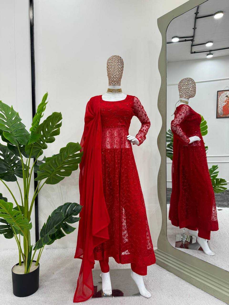 YNF BUTTERFLY NET RIN169 5770 GOWNS WHOLESALE RED NET ANARKALI SEQUIN GOWNS MANUFACTURER