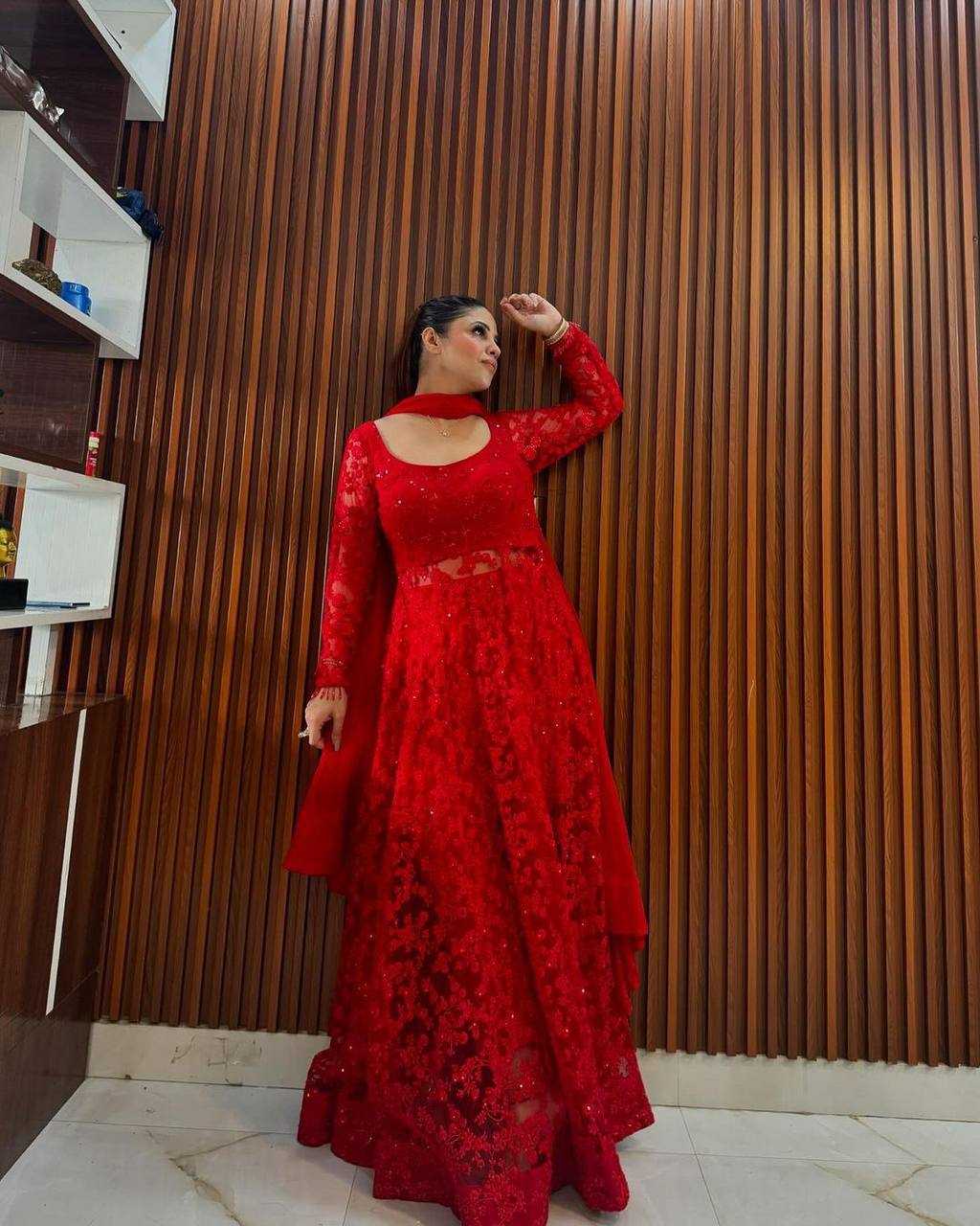 YNF BUTTERFLY NET RIN169 5770 GOWNS WHOLESALE RED NET ANARKALI SEQUIN GOWNS MANUFACTURER