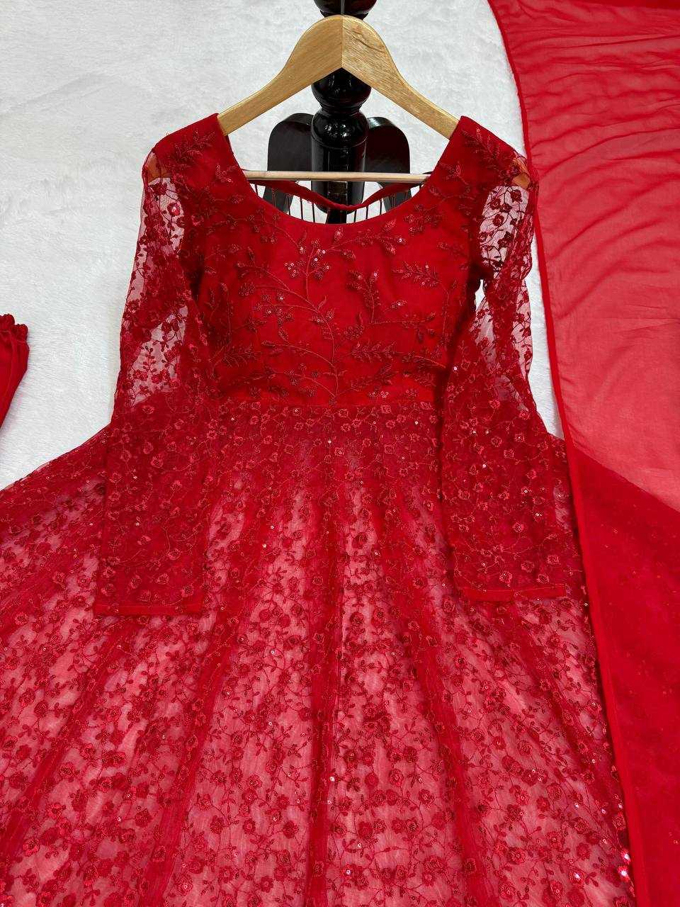 YNF BUTTERFLY NET RIN169 5770 GOWNS WHOLESALE RED NET ANARKALI SEQUIN GOWNS MANUFACTURER