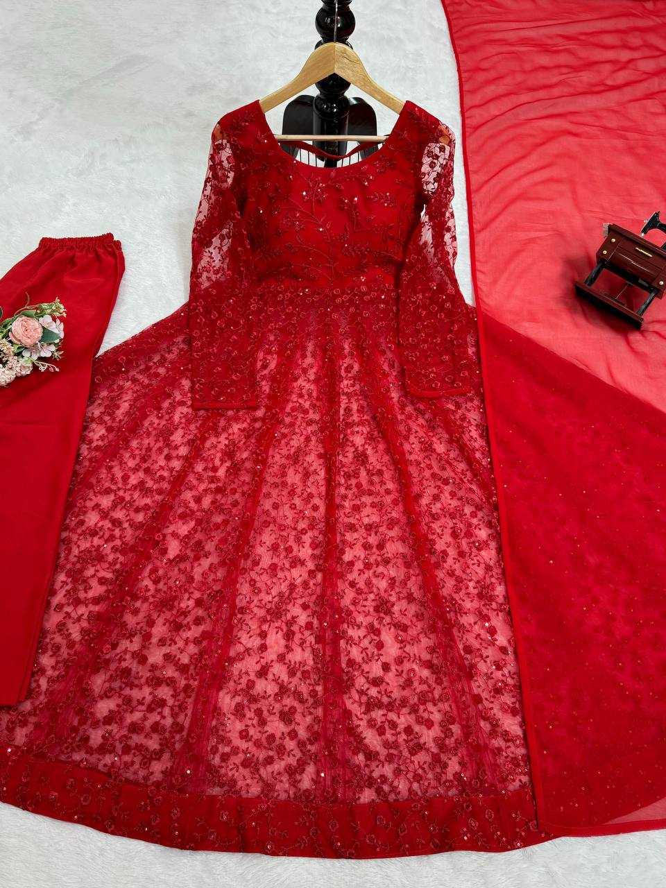 YNF BUTTERFLY NET RIN169 5770 GOWNS WHOLESALE RED NET ANARKALI SEQUIN GOWNS MANUFACTURER