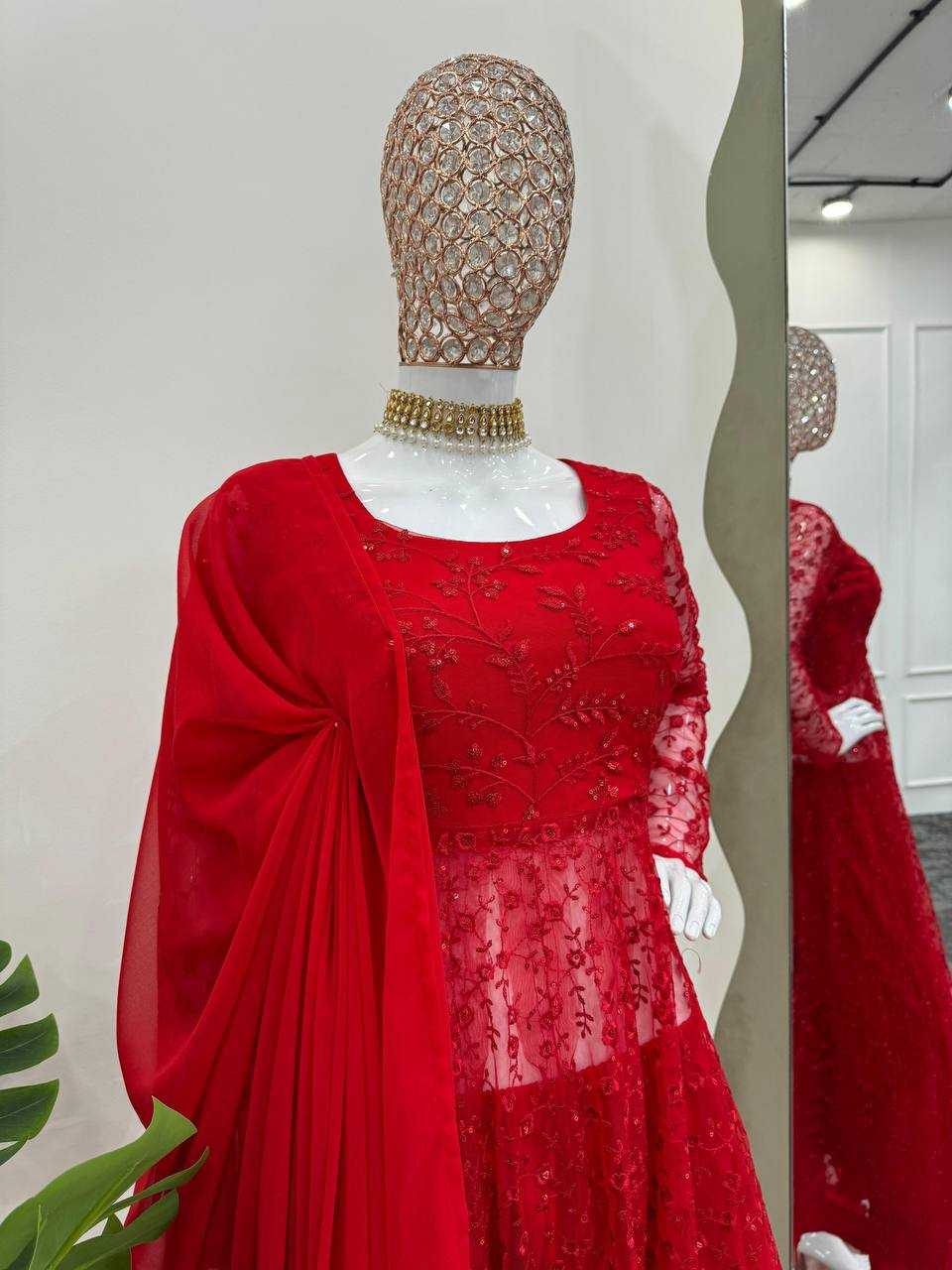 YNF BUTTERFLY NET RIN169 5770 GOWNS WHOLESALE RED NET ANARKALI SEQUIN GOWNS MANUFACTURER