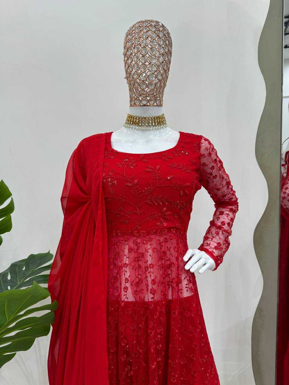 YNF BUTTERFLY NET RIN169 5770 GOWNS WHOLESALE RED NET ANARKALI SEQUIN GOWNS MANUFACTURER