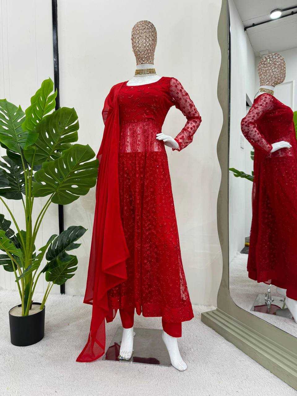 YNF BUTTERFLY NET RIN169 5770 GOWNS WHOLESALE RED NET ANARKALI SEQUIN GOWNS MANUFACTURER