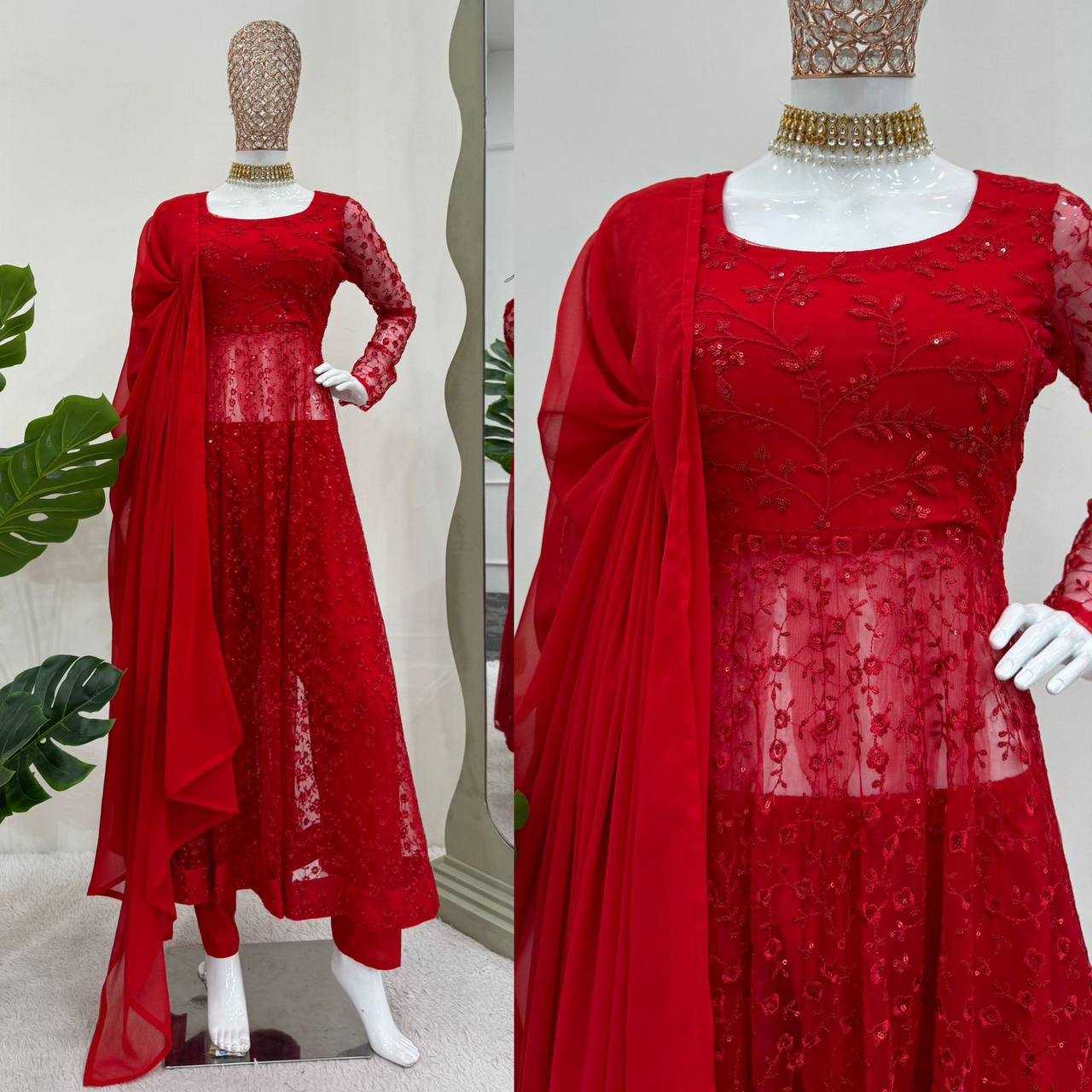 YNF BUTTERFLY NET RIN169 5770 GOWNS WHOLESALE RED NET ANARKALI SEQUIN GOWNS MANUFACTURER