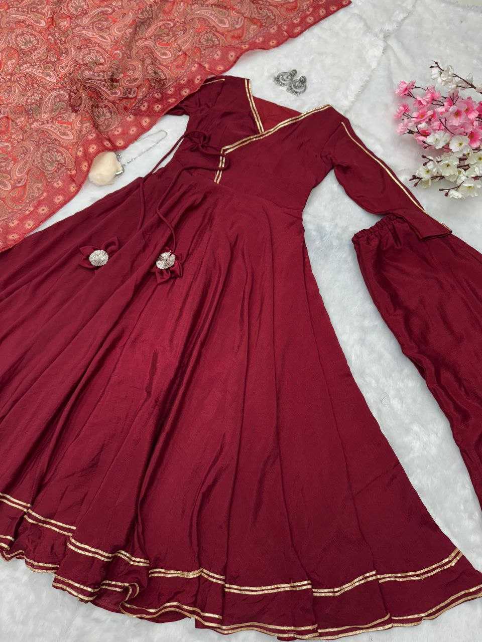 YNF CHINON GOWNS  WHOLESALE FANCY ANARKALI LONG GEOWN WITH DUPATTA MARRON GOWNS MANUFACTURER