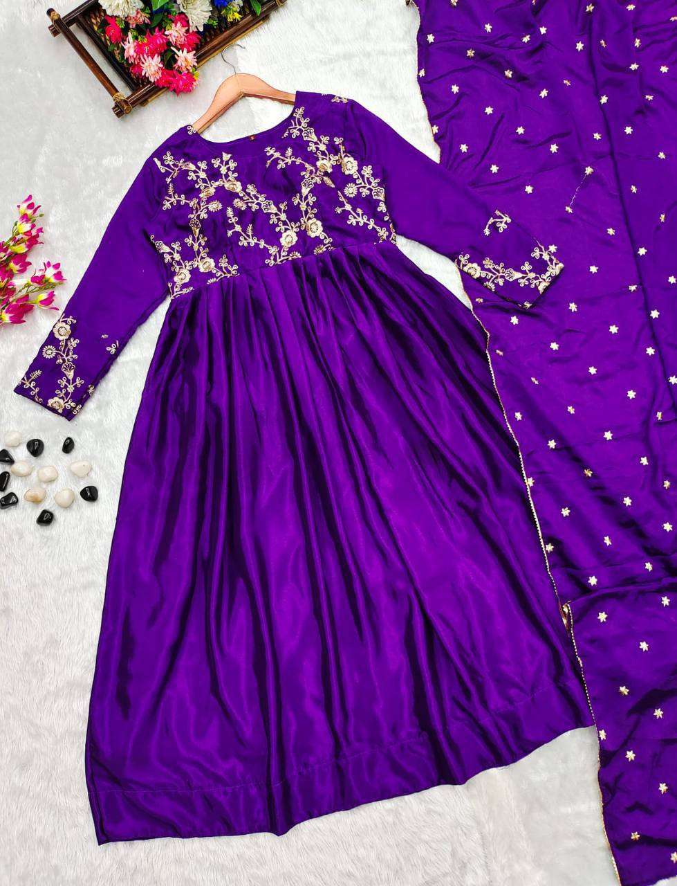 YNF CHINON KESH232 951 GOWNS WHOLESALE EMBROIDERED ANARKALI SIK PURPLE GOWNS MANUFACTURER