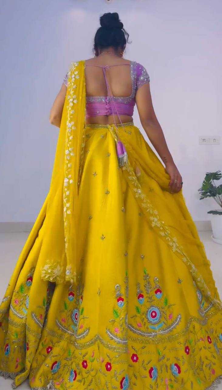 YNF CHINON SILK KESH120 201 LEHENGAS WHOLESALE WEDDING SEQUINS HALDI YELLOW LEHENGAS MANUFACTURER